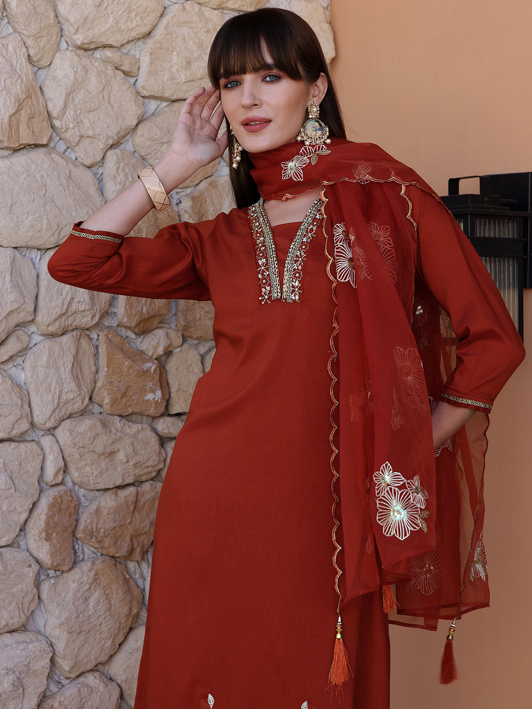 Hand Embroidered Kurta with Pant & Embroidered Dupatta