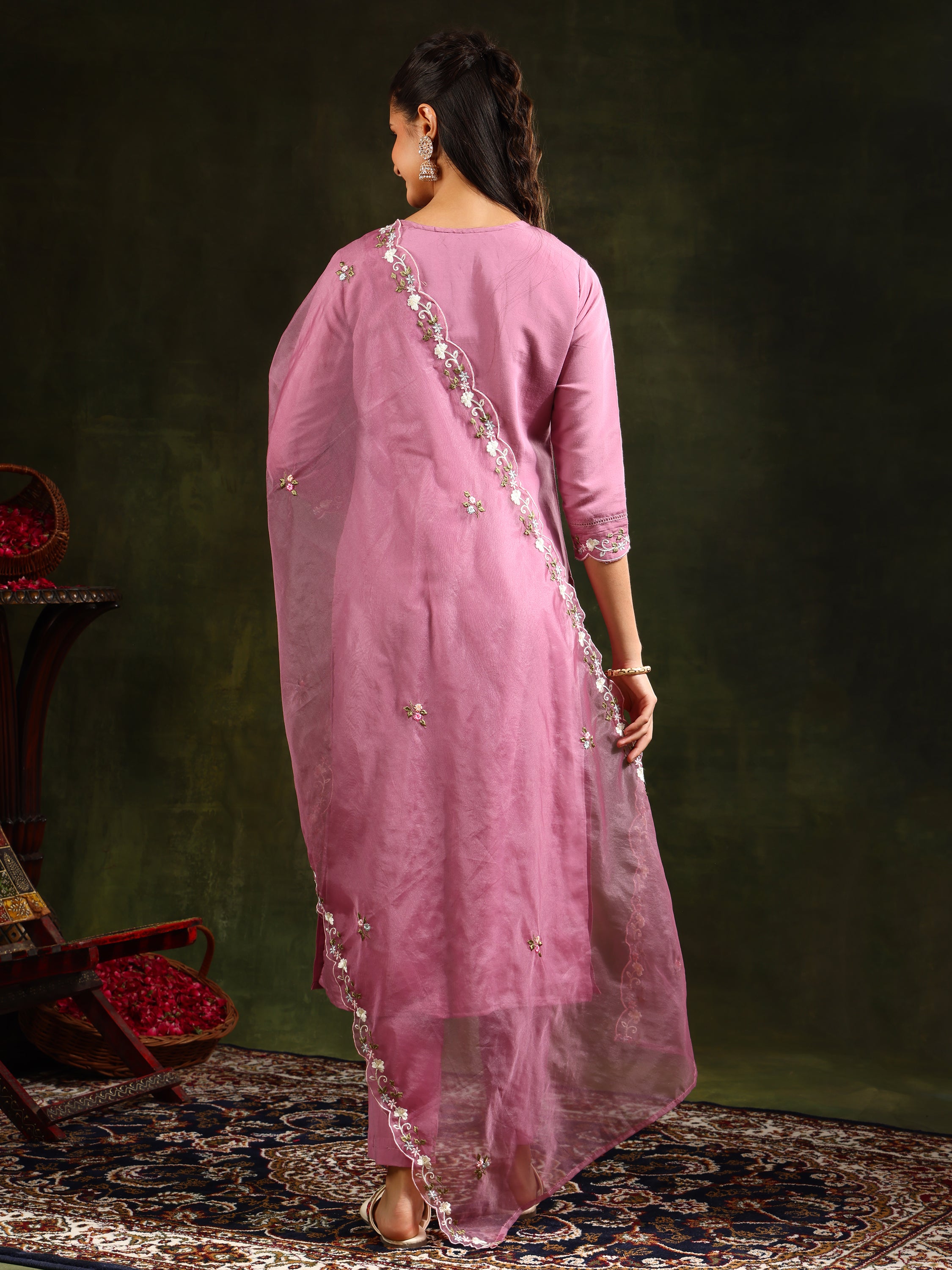 Embroidered Kurta with Pant & Organza Dupatta
