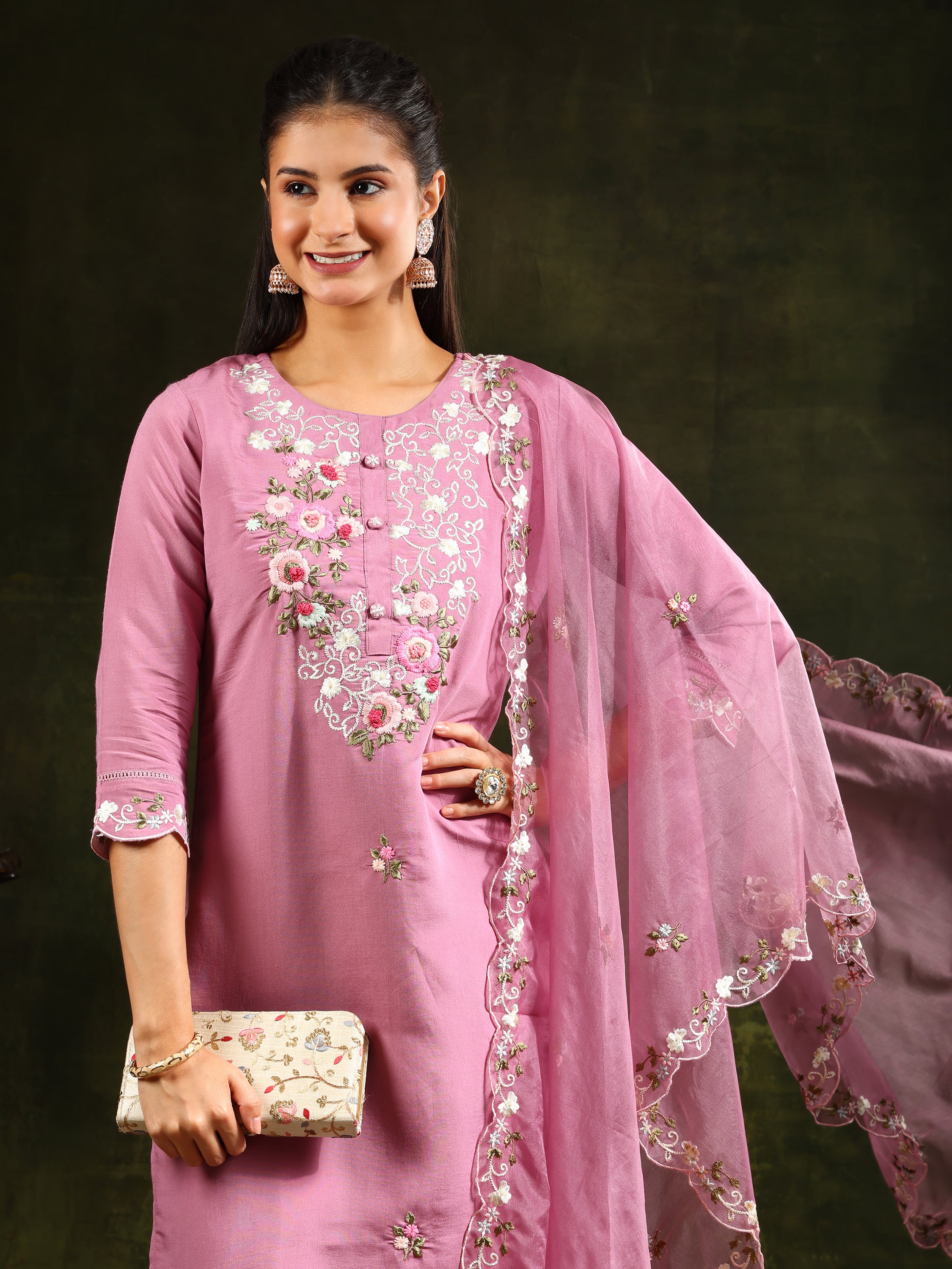 Embroidered Kurta with Pant & Organza Dupatta