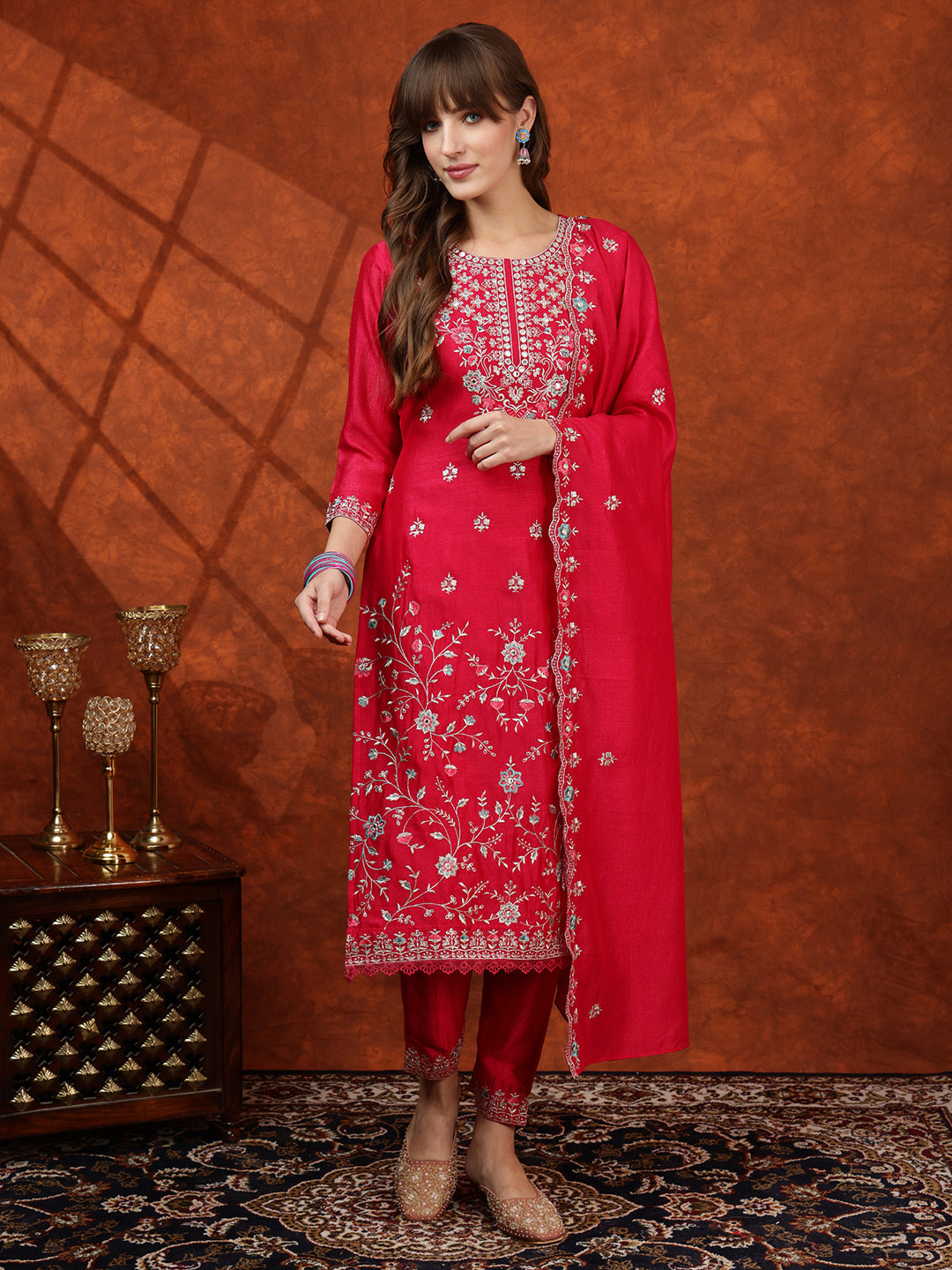 Embroidered Kurta with Pant & Embroidered Dupatta