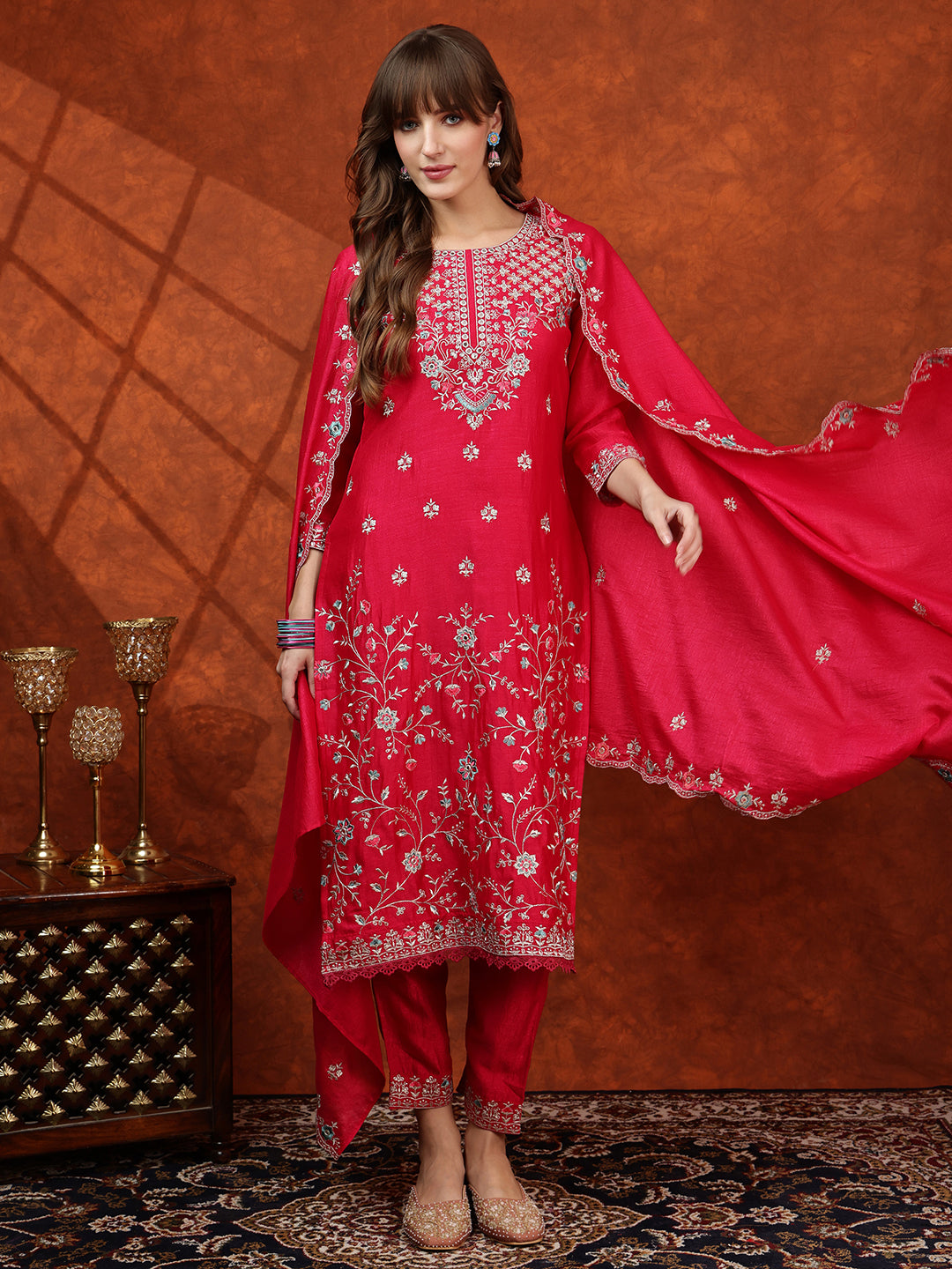 Embroidered Kurta with Pant & Embroidered Dupatta