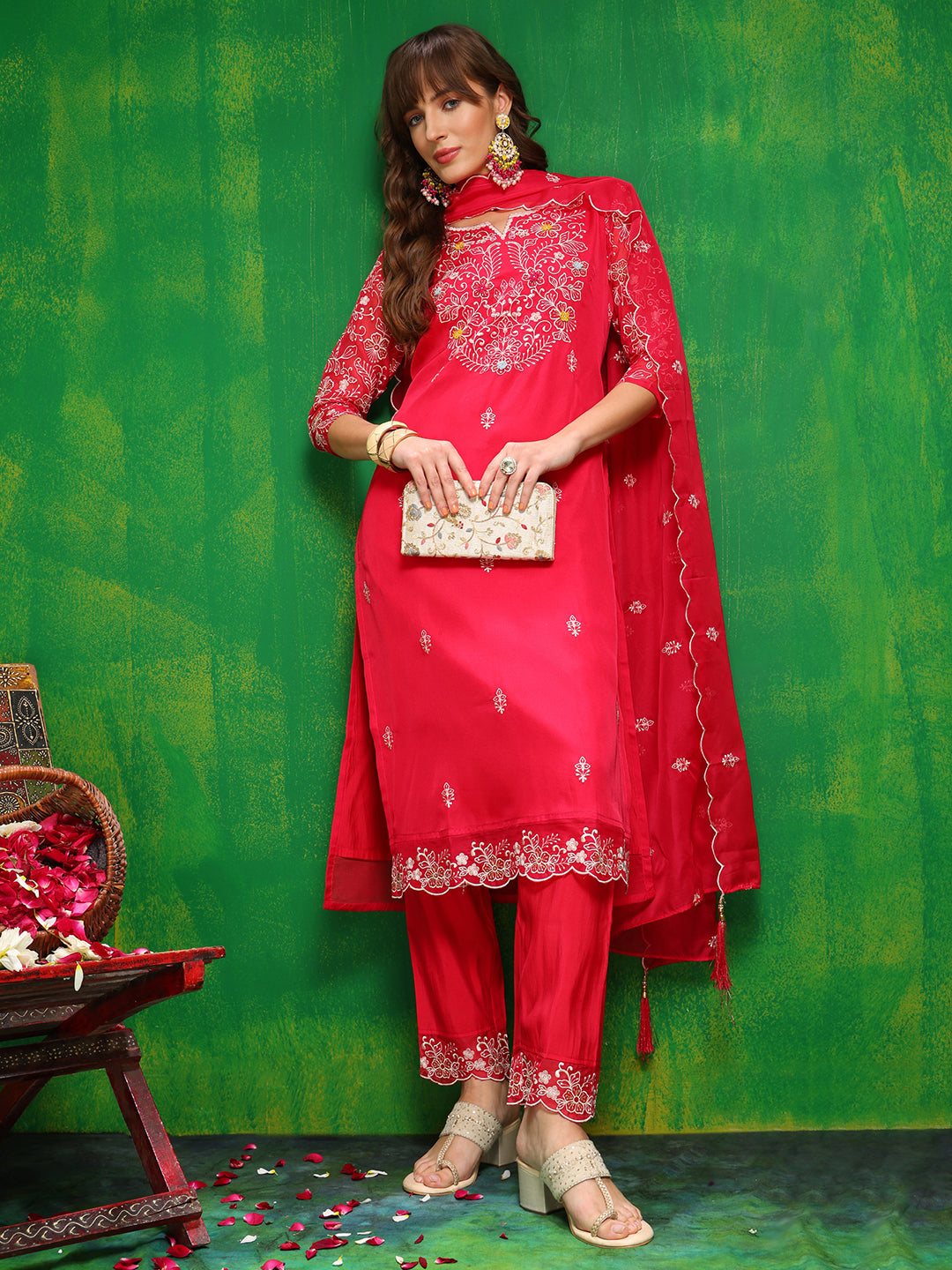 Hand Embroidered Kurta with Pant & Embroidered Dupatta