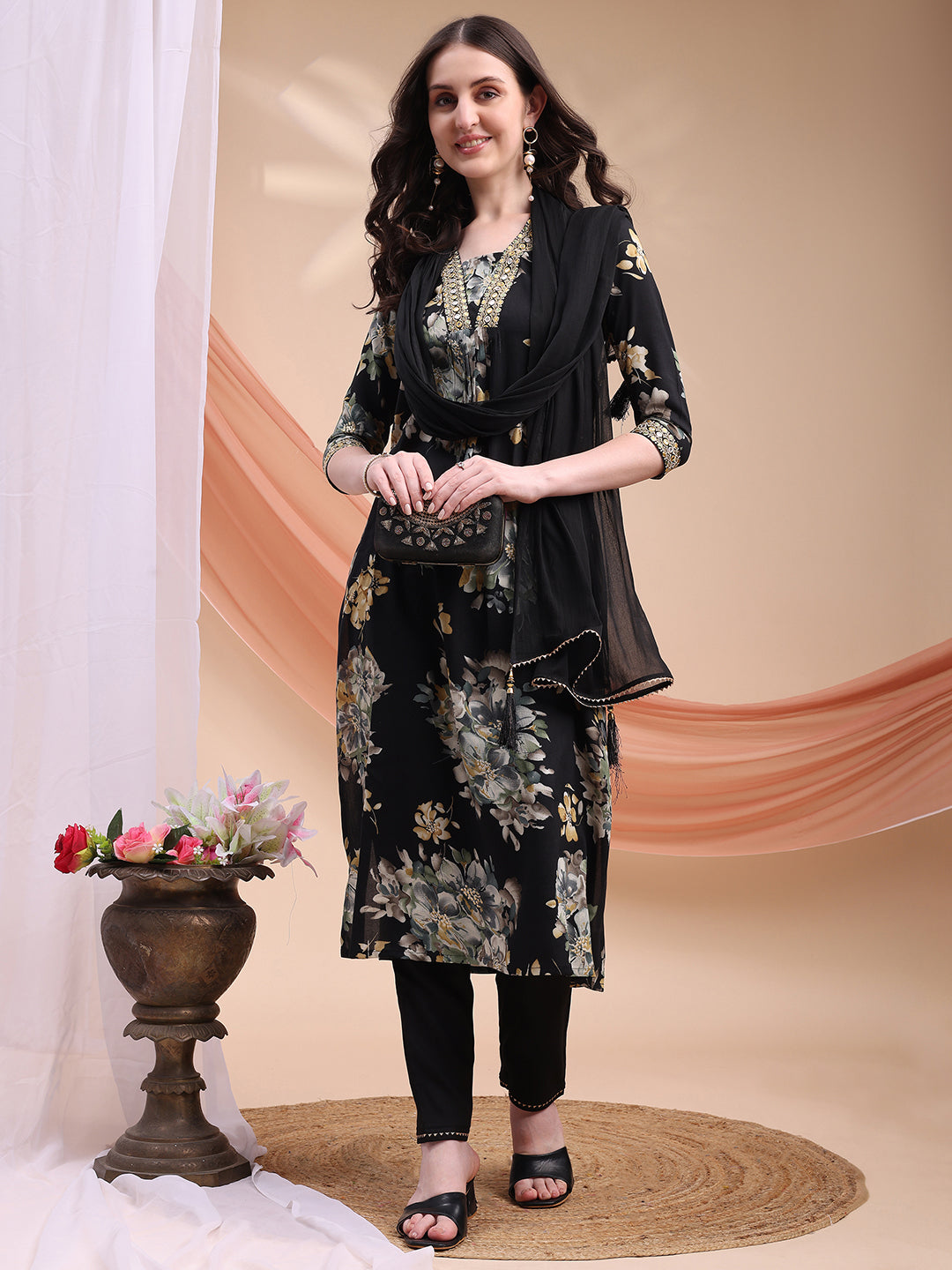 Floral Printed A-line Kurta with Pant & Dupatta