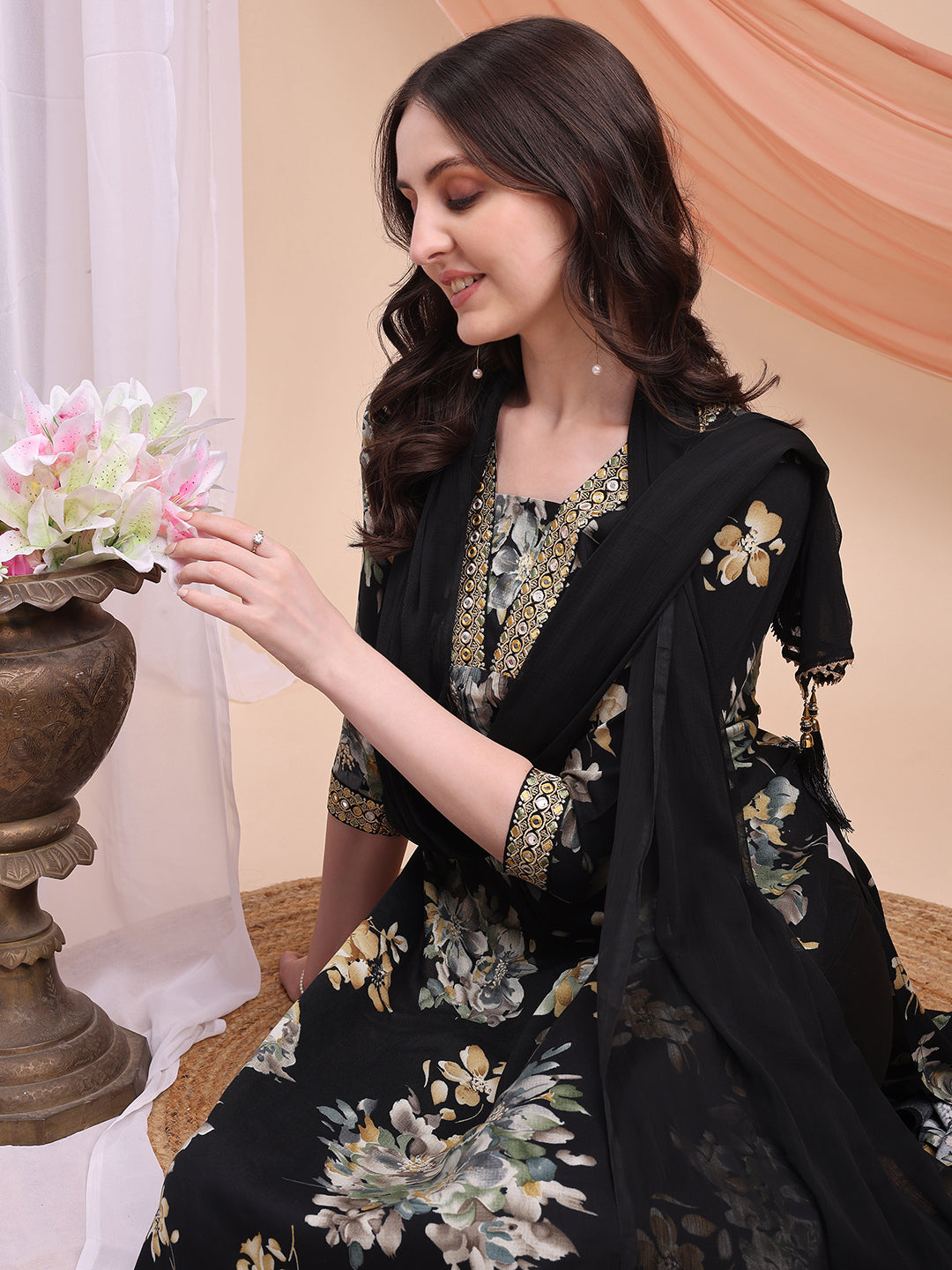 Floral Printed A-line Kurta with Pant & Dupatta
