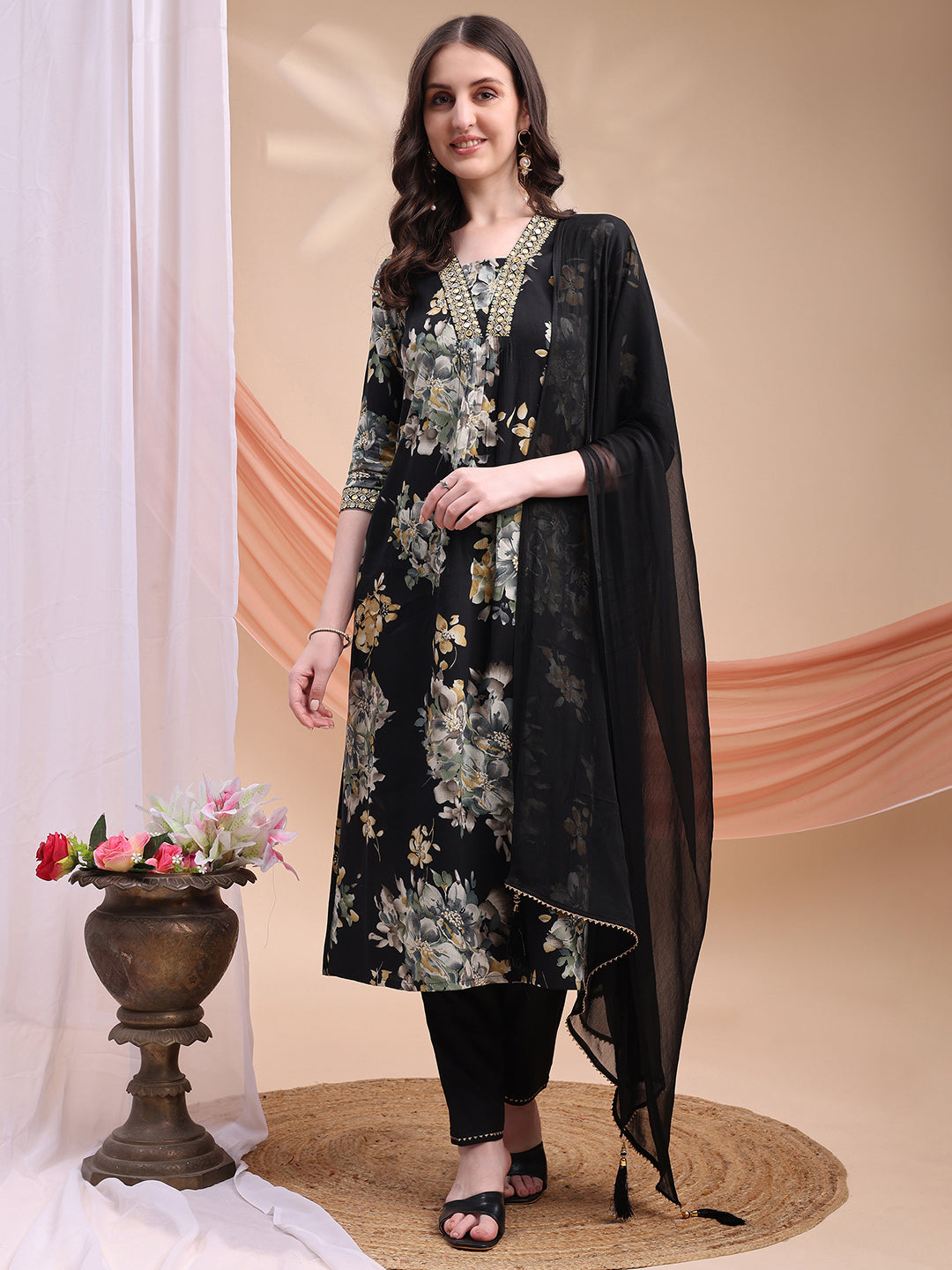 Floral Printed A-line Kurta with Pant & Dupatta
