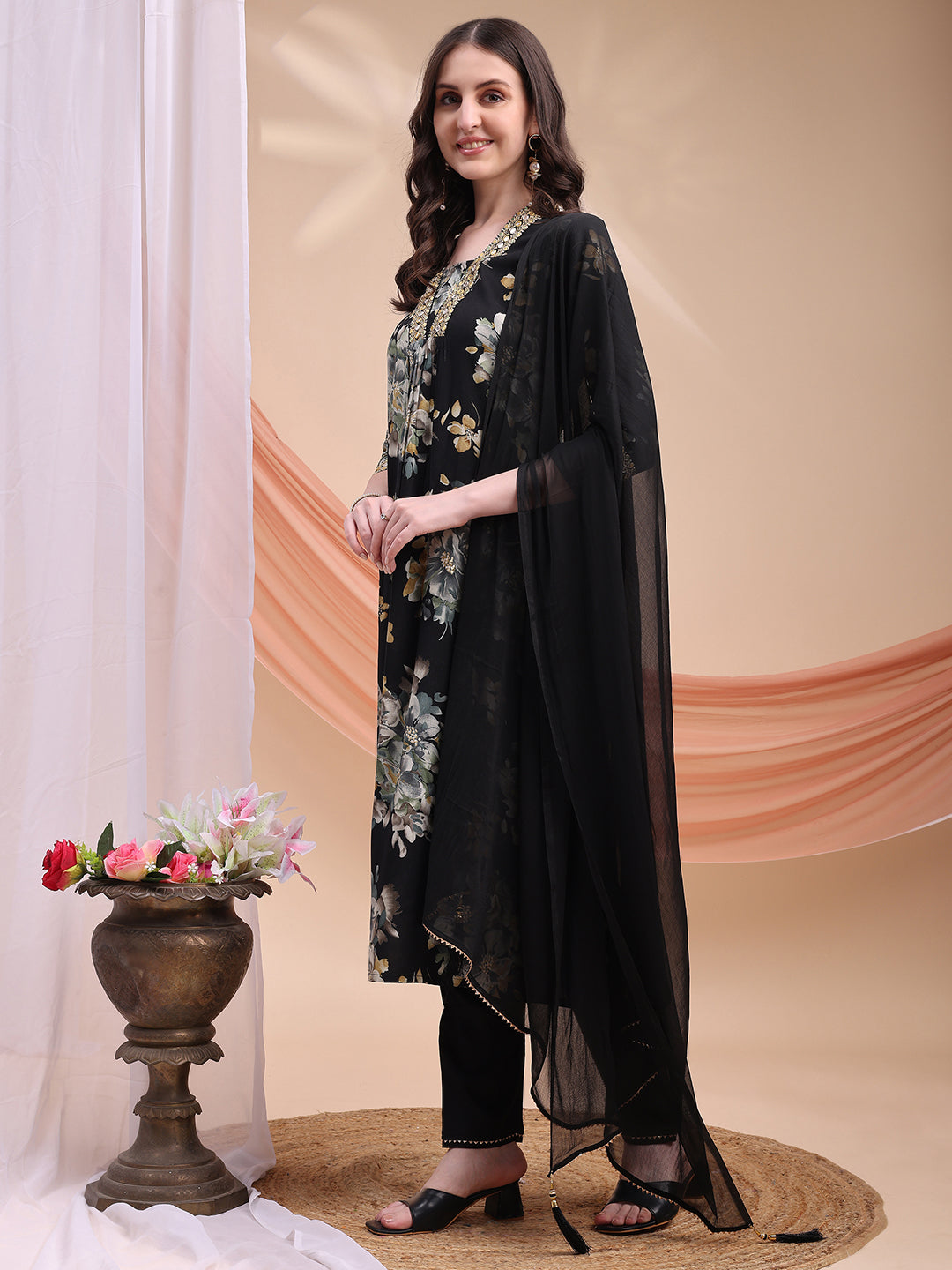 Floral Printed A-line Kurta with Pant & Dupatta