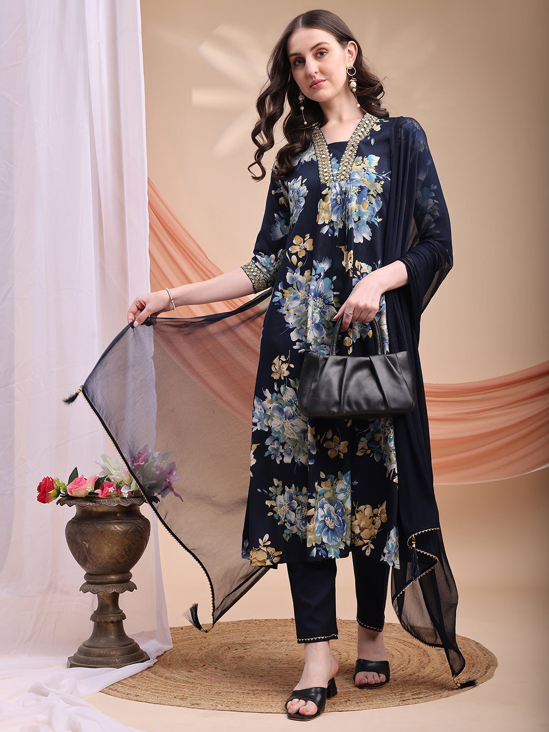 Floral Printed A-line Kurta with Pant & Dupatta