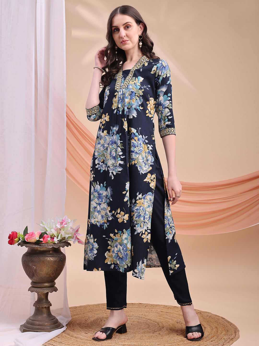 Floral Printed A-line Kurta with Pant & Dupatta