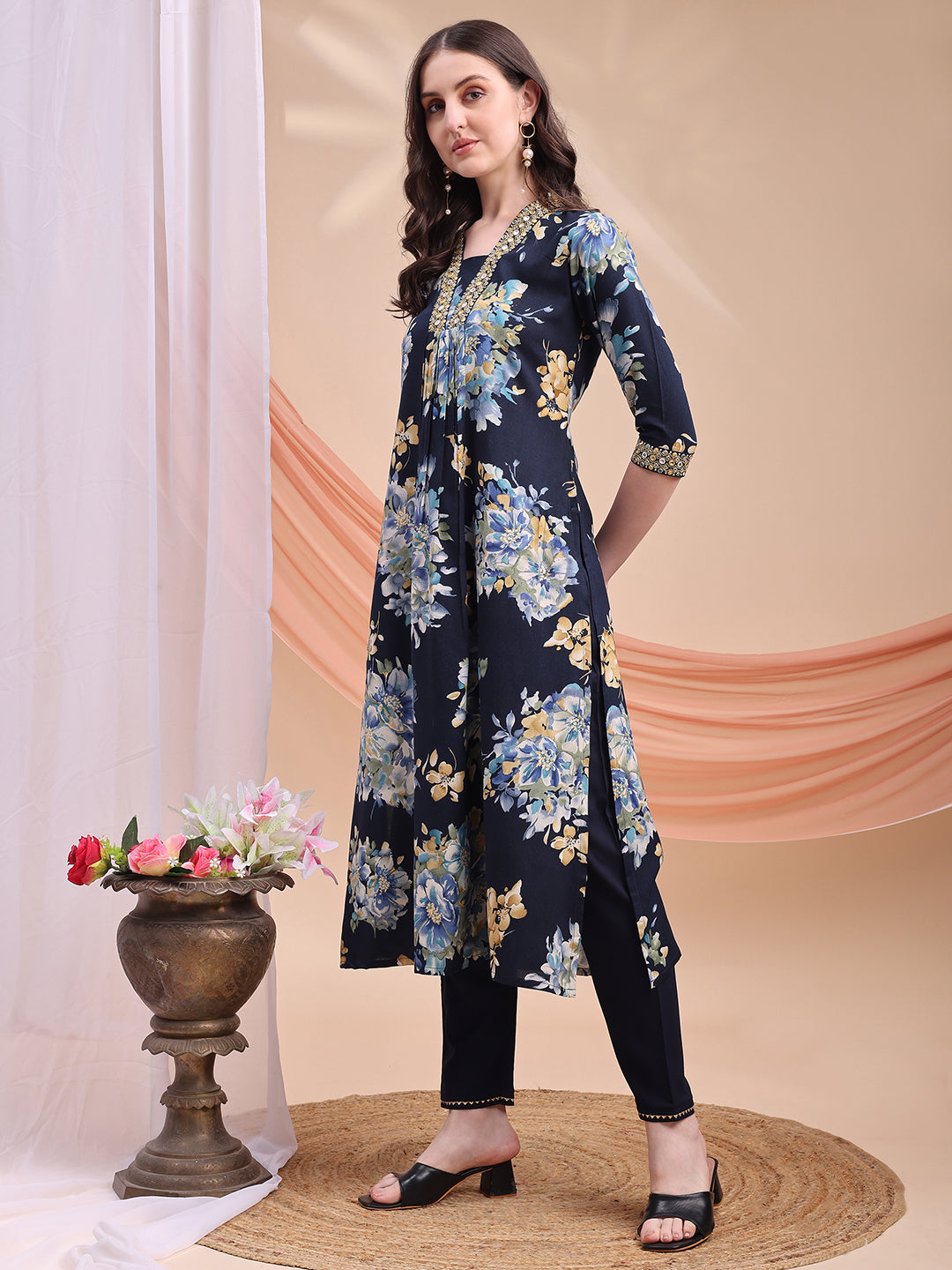 Floral Printed A-line Kurta with Pant & Dupatta