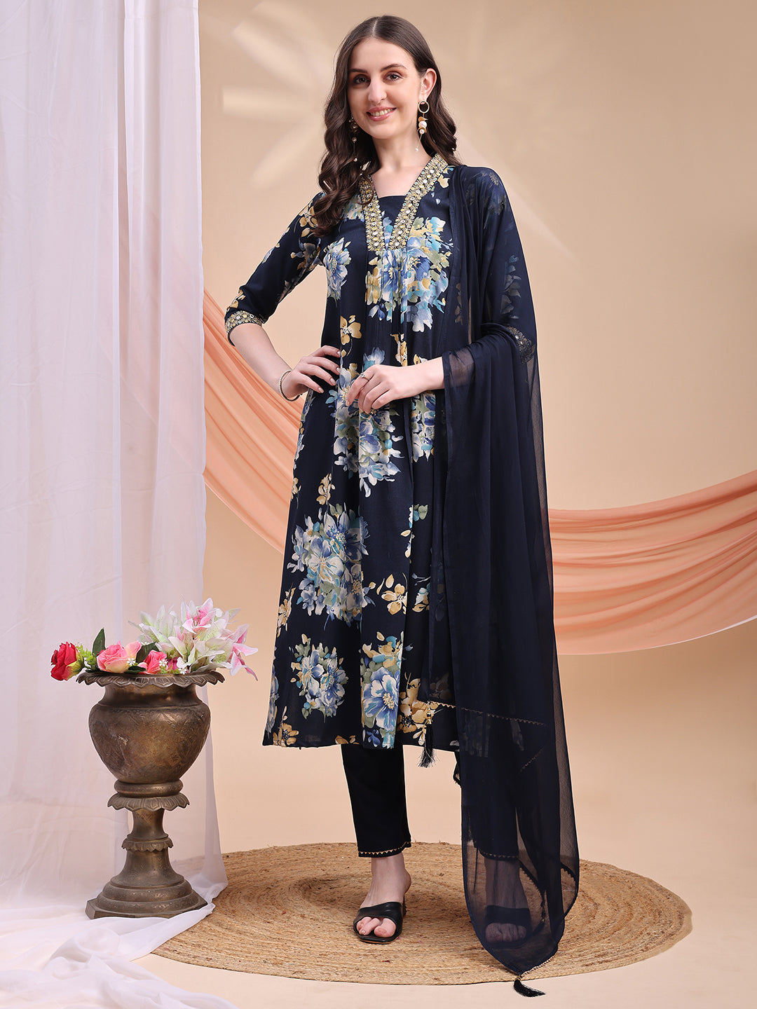 Floral Printed A-line Kurta with Pant & Dupatta