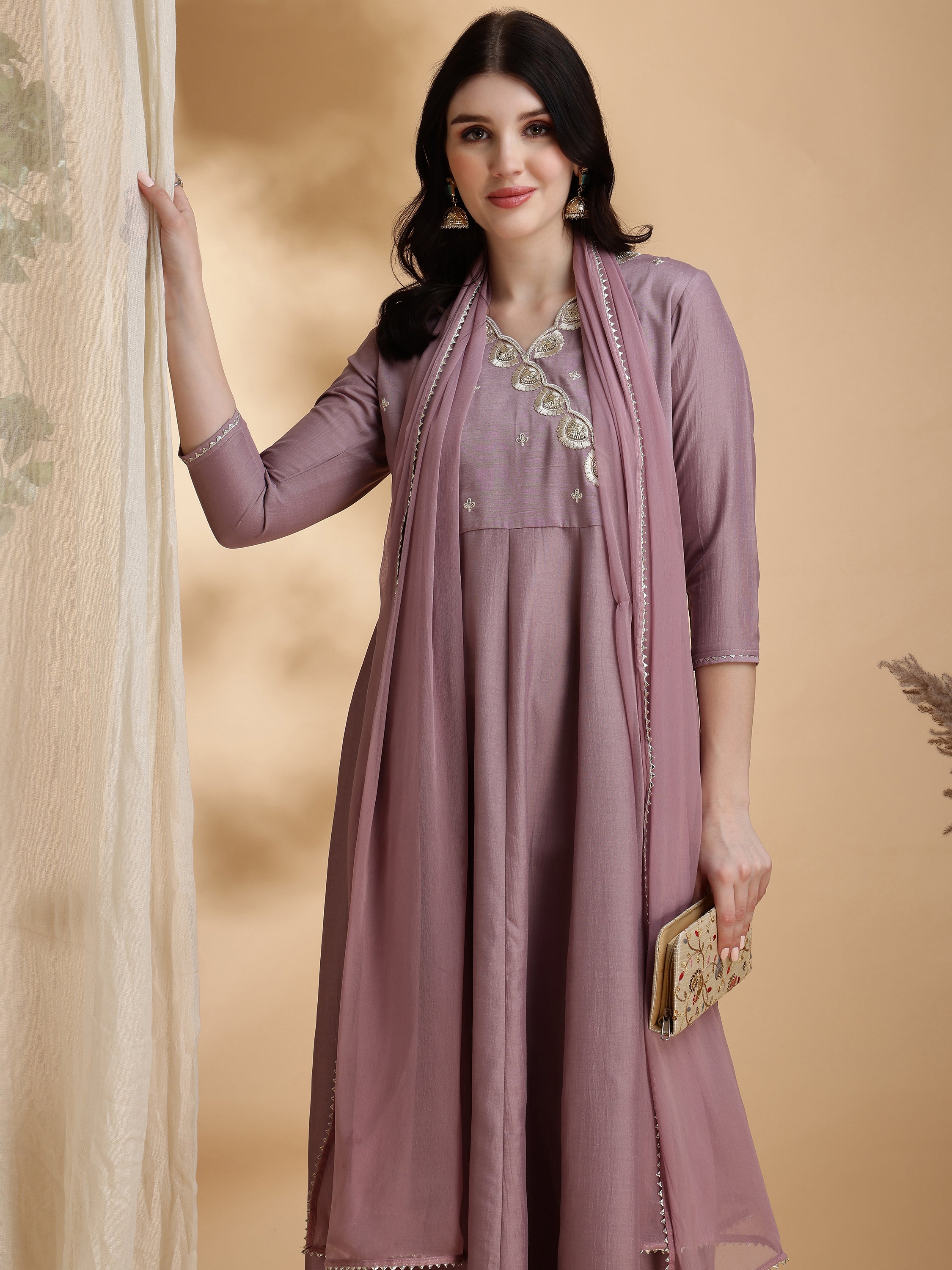 Angrakha Style Embroidered Anarkali Kurta with Pant & Dupatta