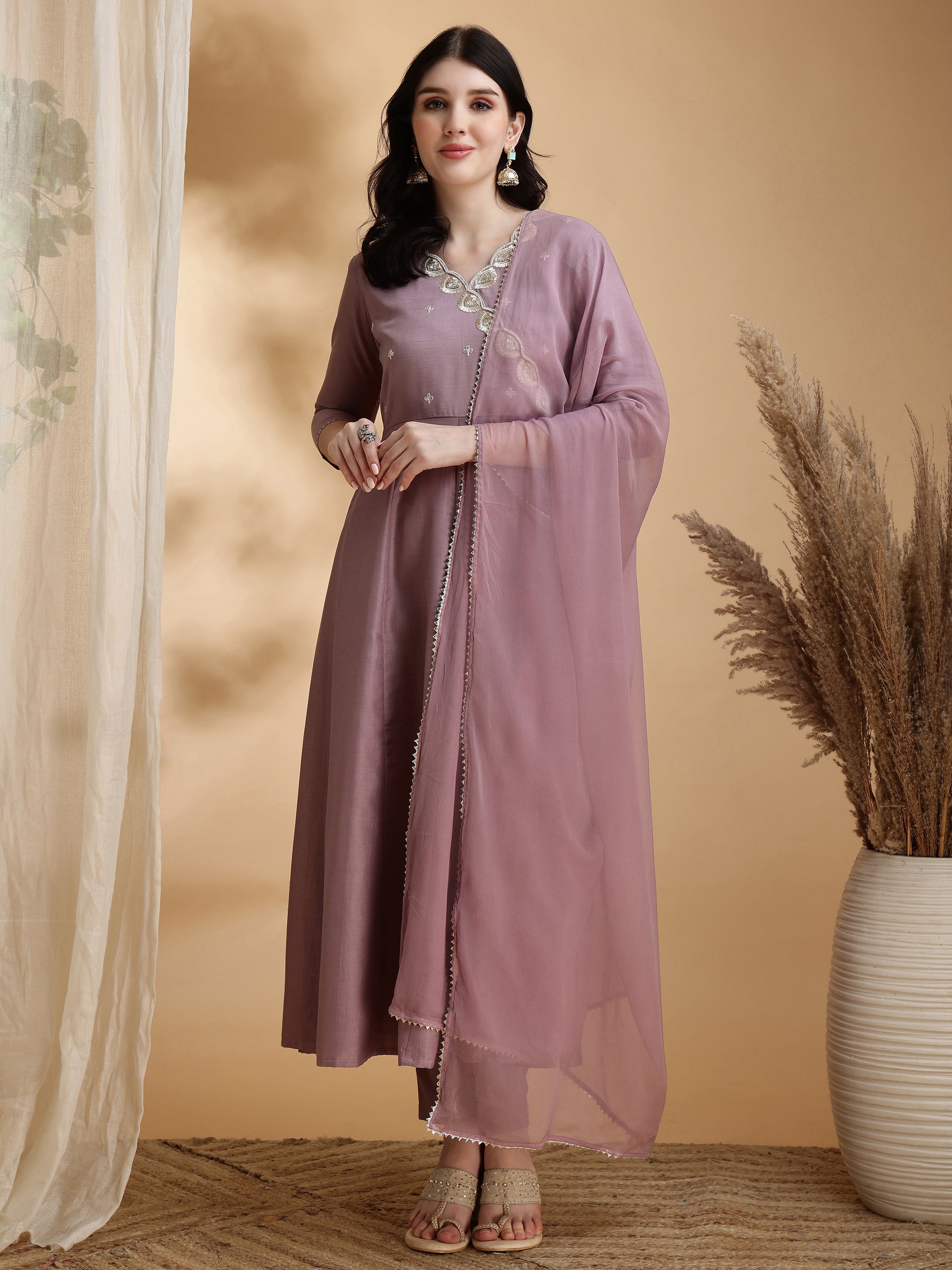 Angrakha Style Embroidered Anarkali Kurta with Pant & Dupatta