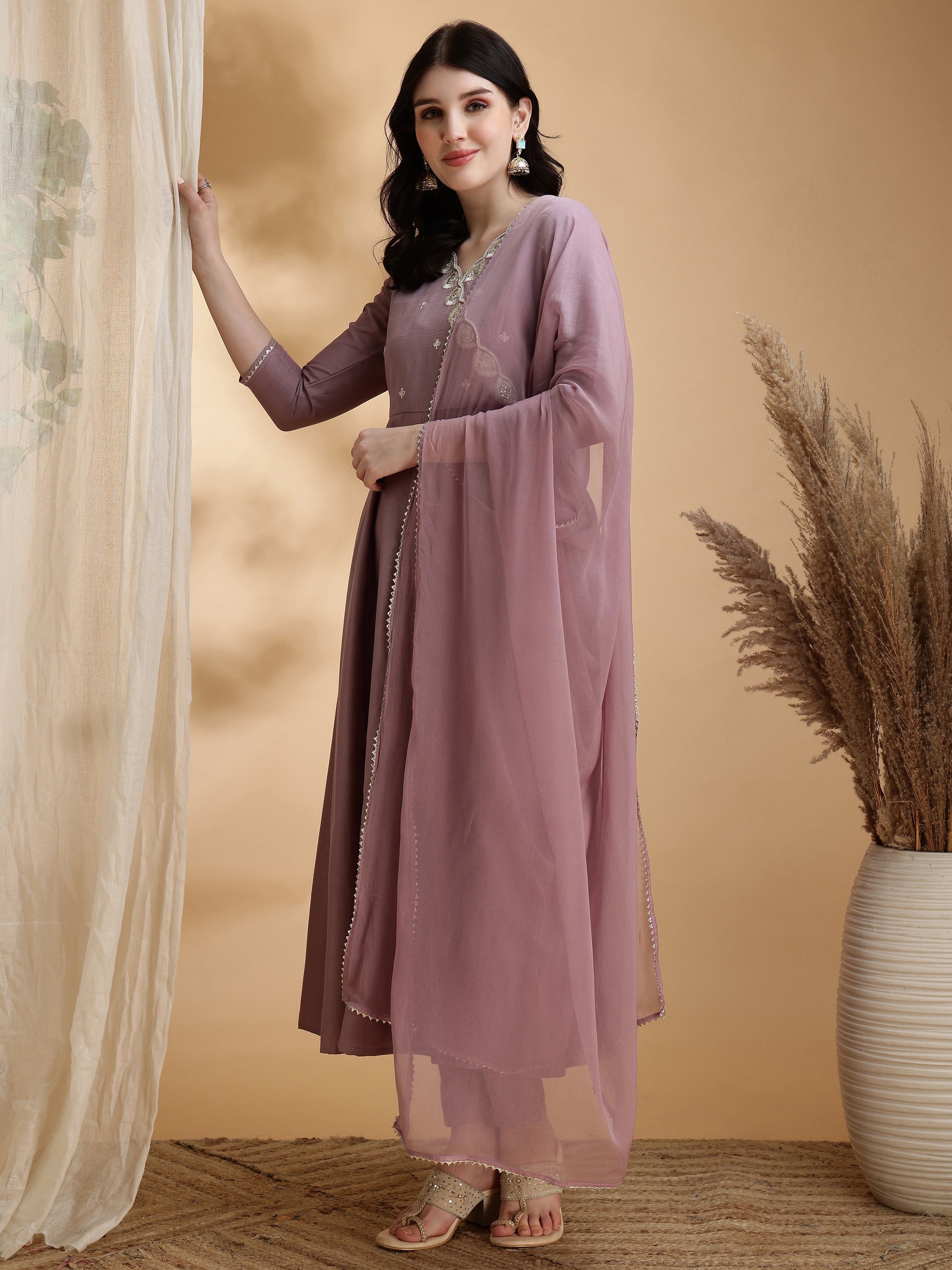 Angrakha Style Embroidered Anarkali Kurta with Pant & Dupatta