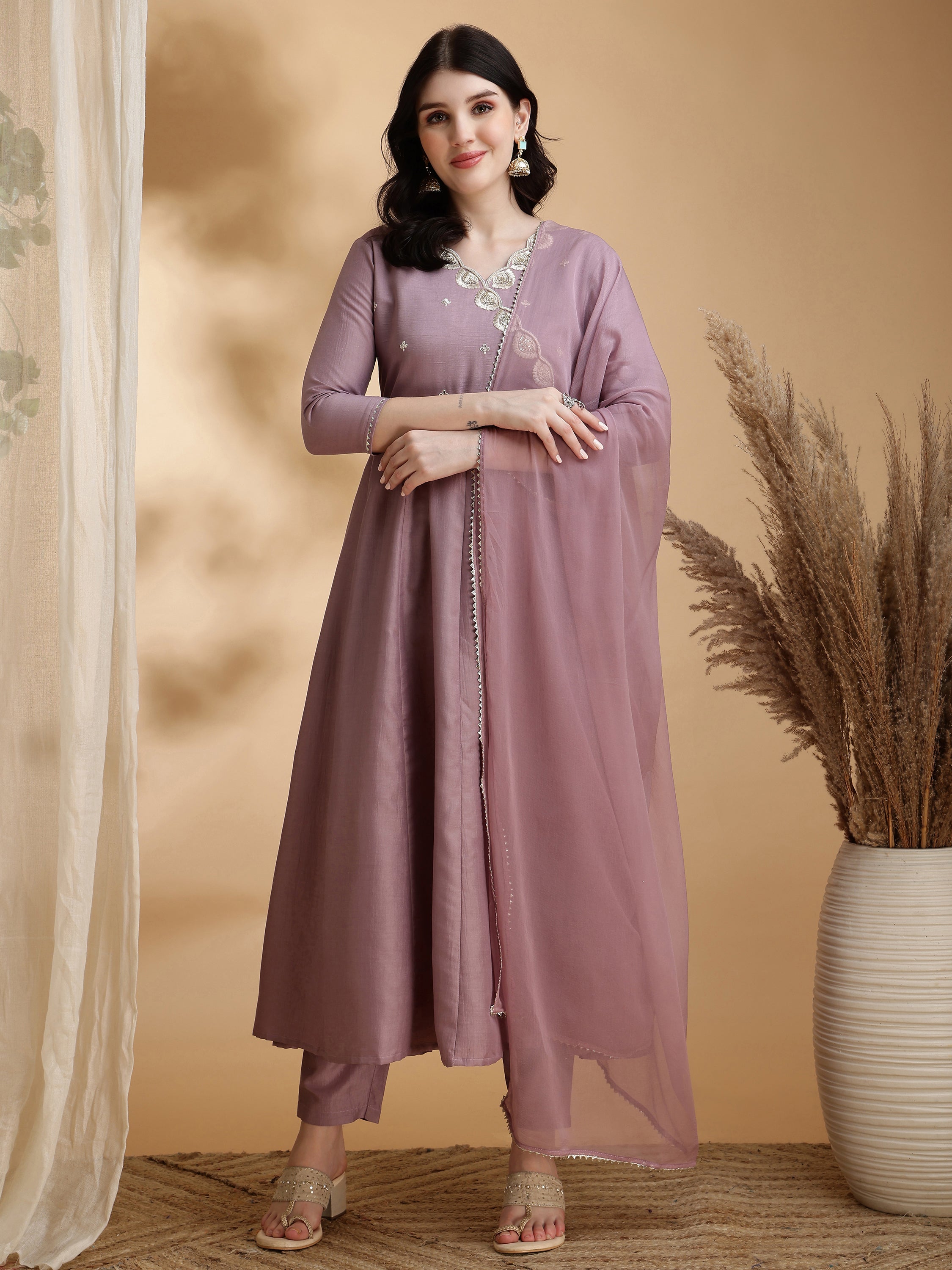 Angrakha Style Embroidered Anarkali Kurta with Pant & Dupatta