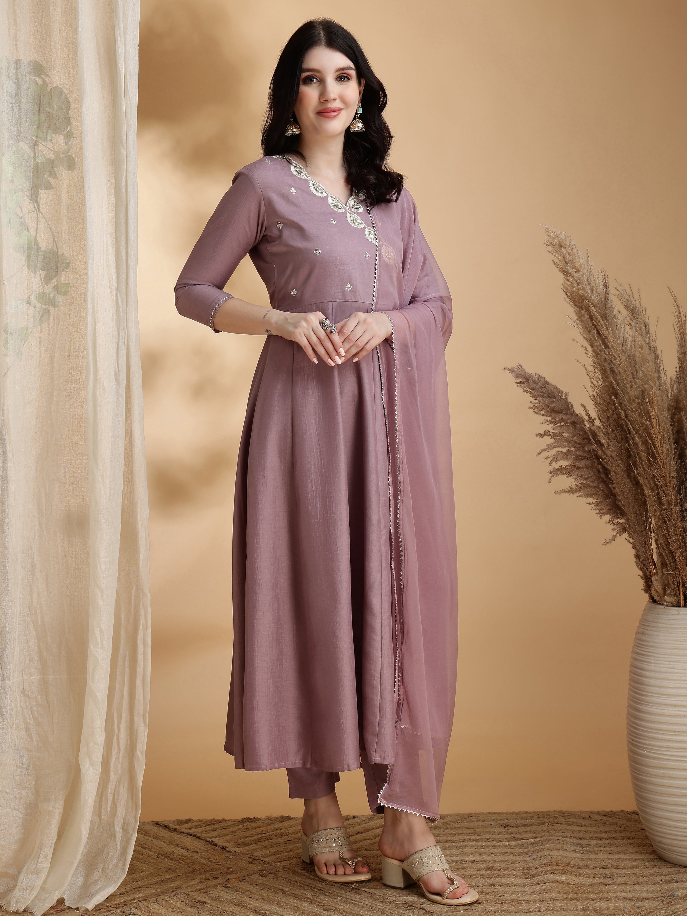 Angrakha Style Embroidered Anarkali Kurta with Pant & Dupatta
