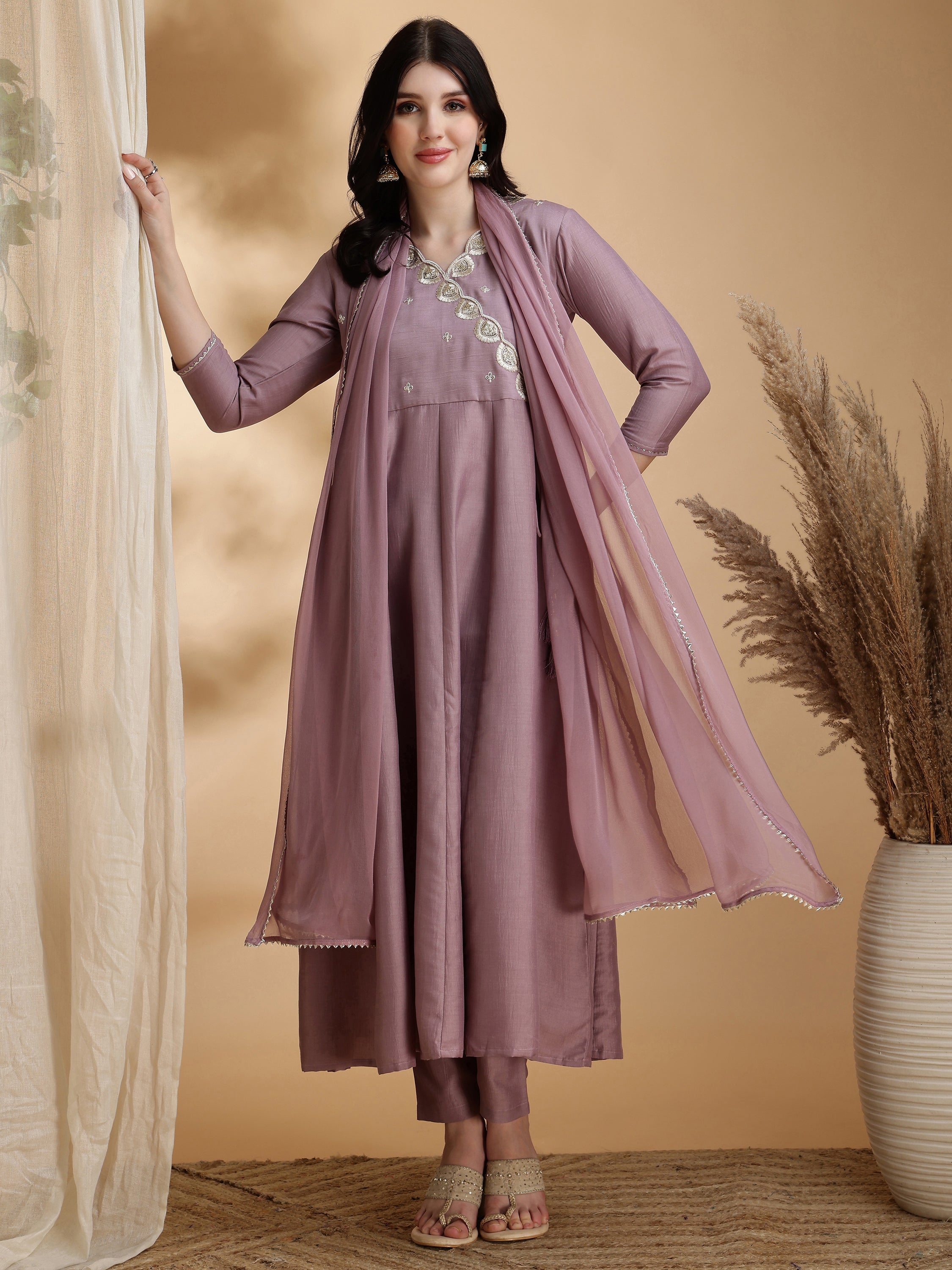 Angrakha Style Embroidered Anarkali Kurta with Pant & Dupatta