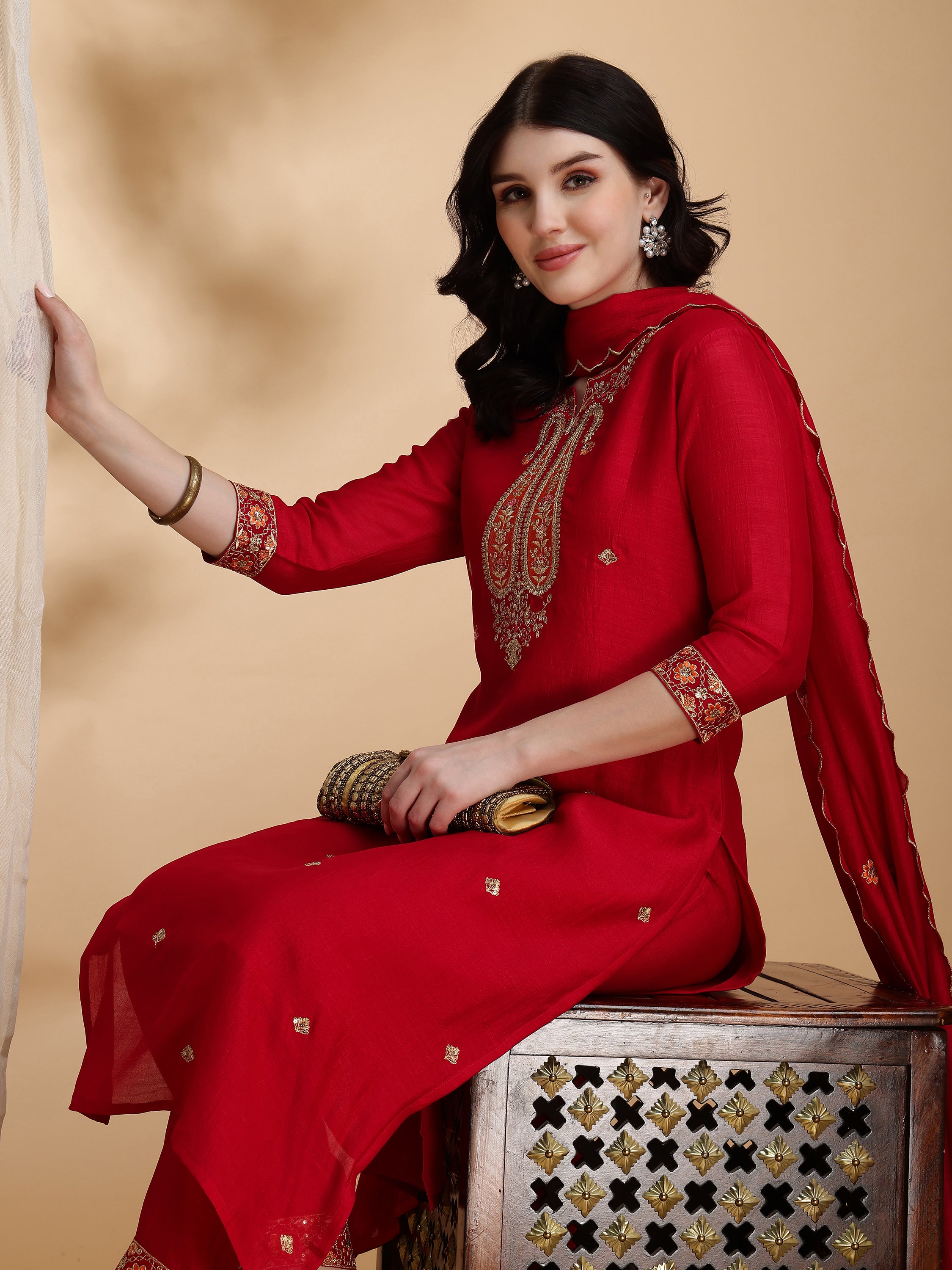 Embroidered Kurta with Pant & Embroidered Dupatta