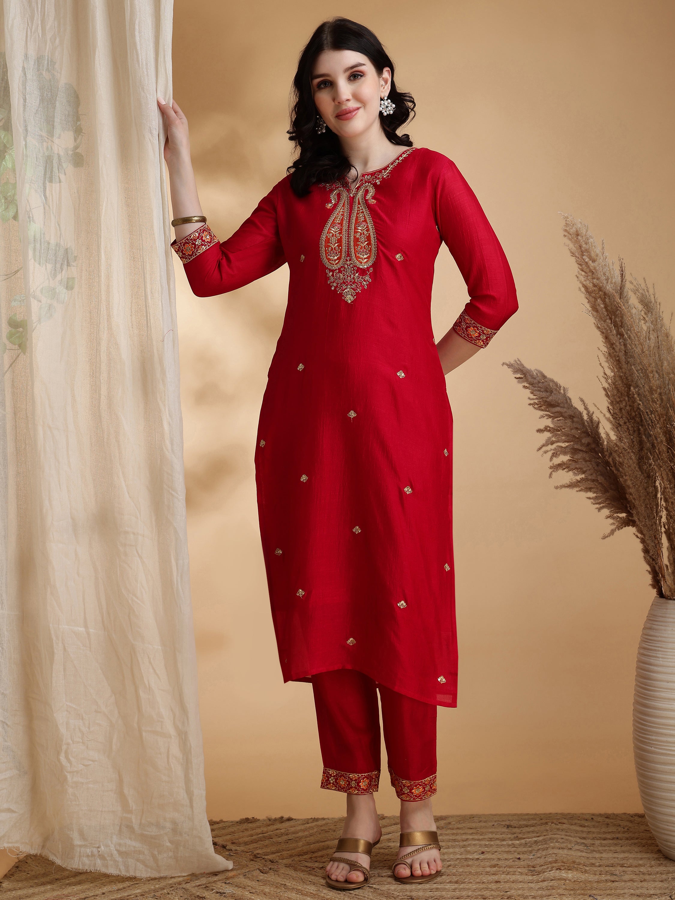 Embroidered Kurta with Pant & Embroidered Dupatta
