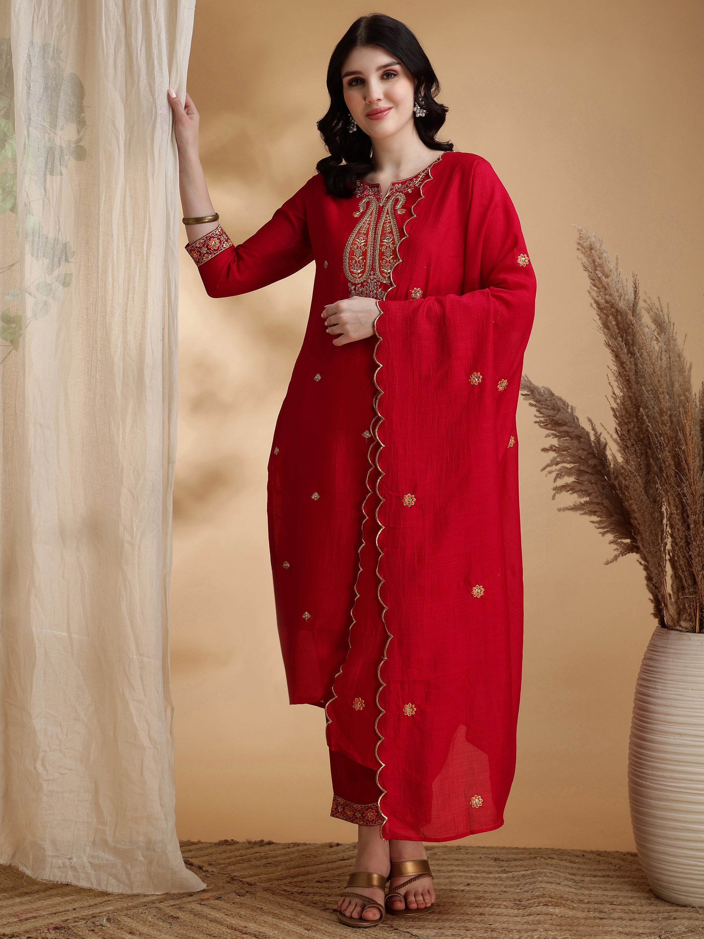 Embroidered Kurta with Pant & Embroidered Dupatta