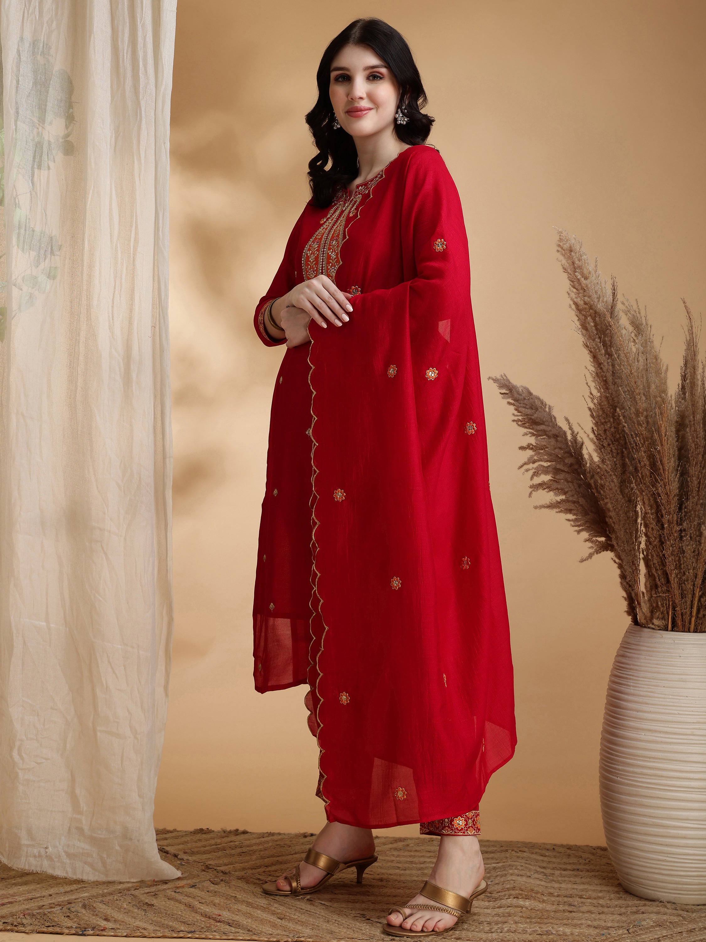 Embroidered Kurta with Pant & Embroidered Dupatta