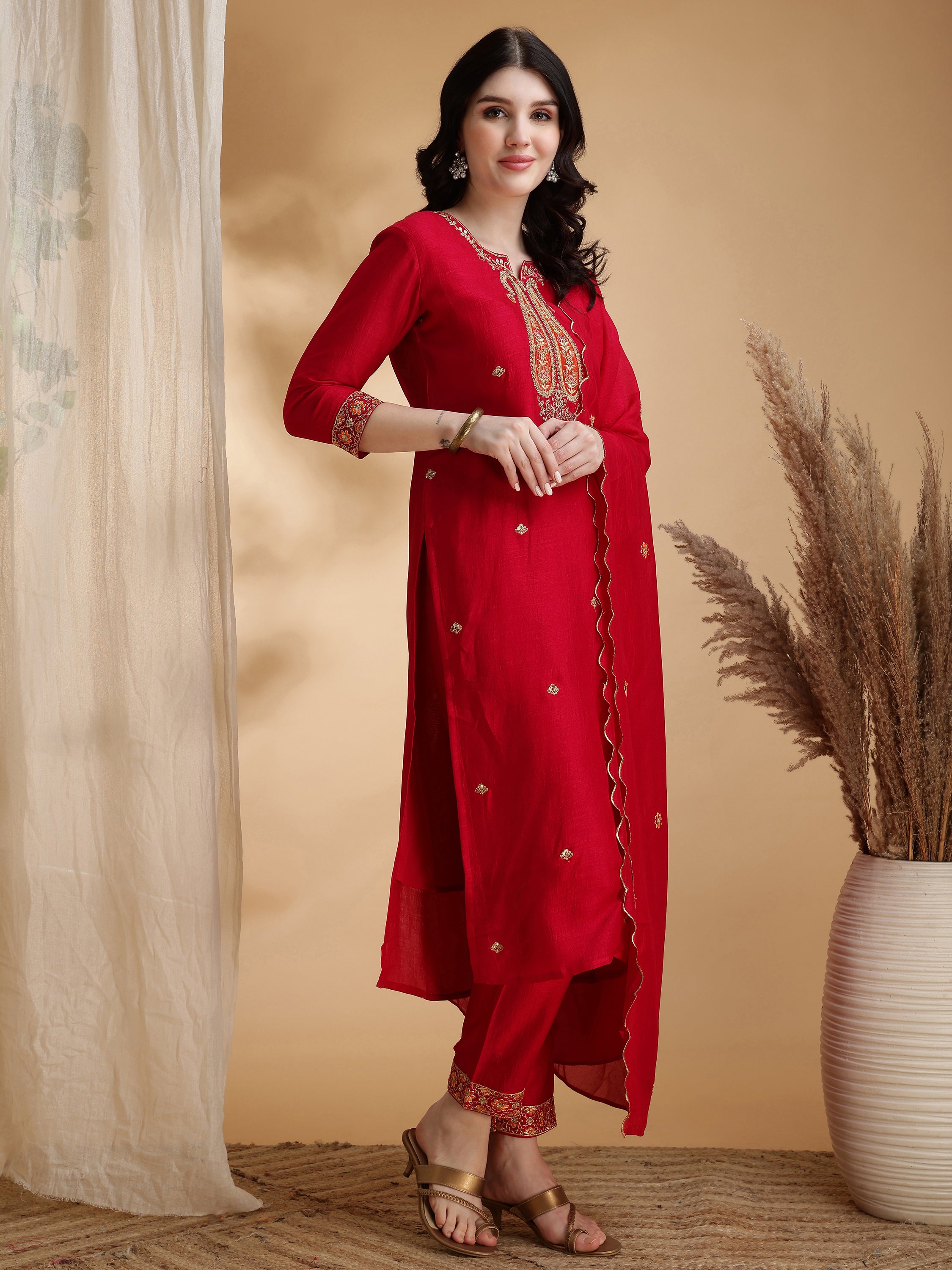 Embroidered Kurta with Pant & Embroidered Dupatta