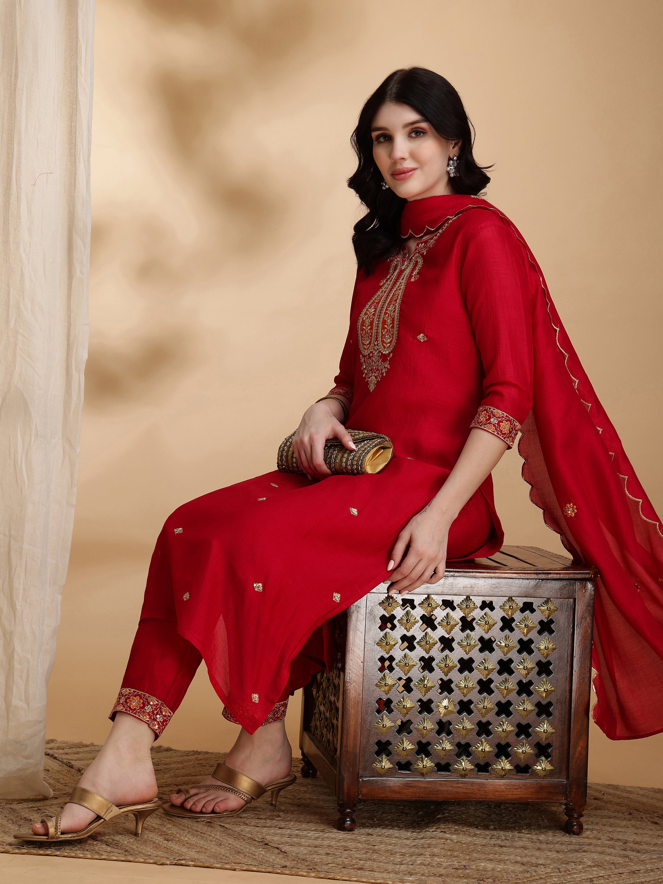 Embroidered Kurta with Pant & Embroidered Dupatta