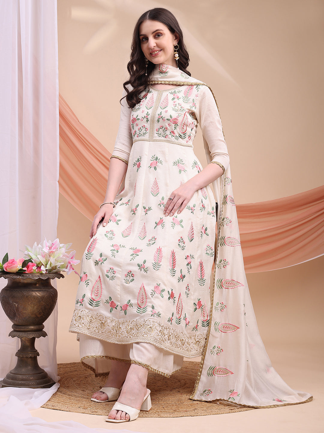 Floral Embroidered Anarkali Kurta with Pant & Embroidered Dupatta
