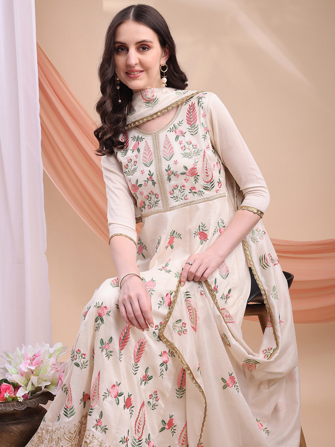 Floral Embroidered Anarkali Kurta with Pant & Embroidered Dupatta