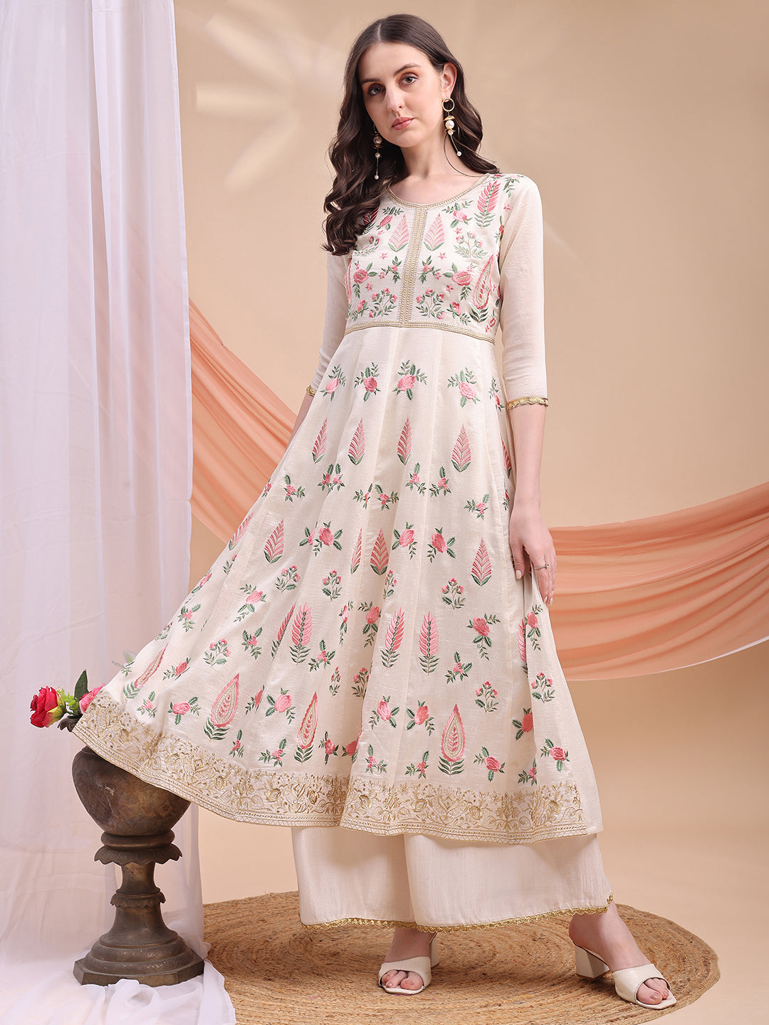 Floral Embroidered Anarkali Kurta with Pant & Embroidered Dupatta
