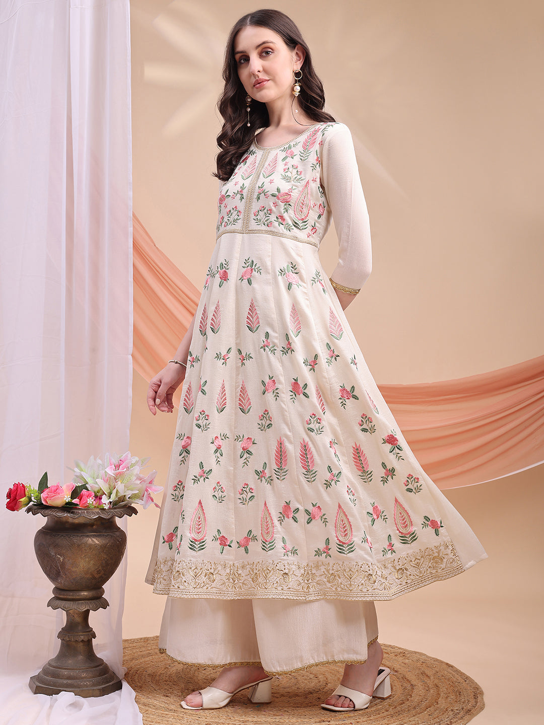 Floral Embroidered Anarkali Kurta with Pant & Embroidered Dupatta