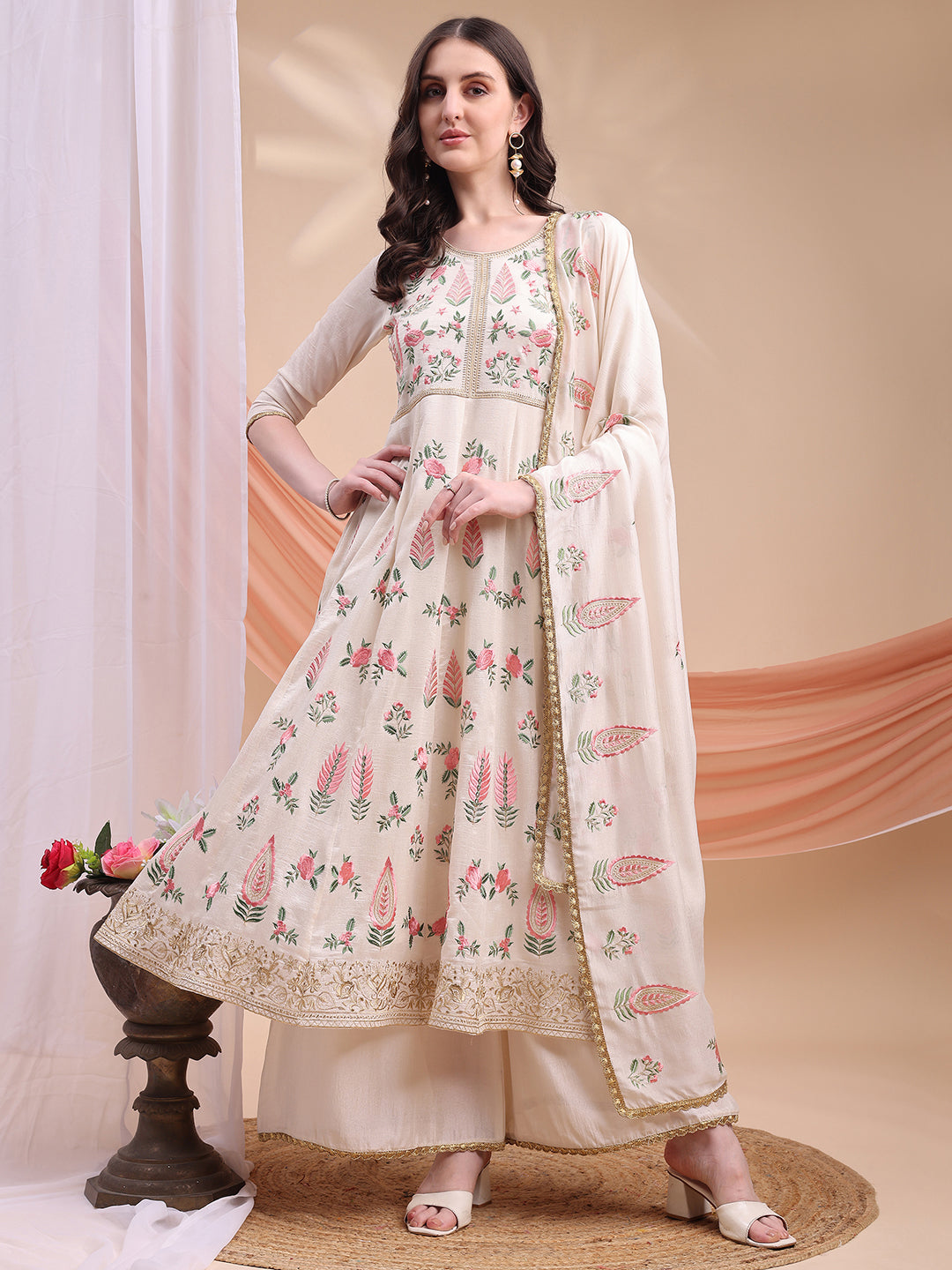 Floral Embroidered Anarkali Kurta with Pant & Embroidered Dupatta