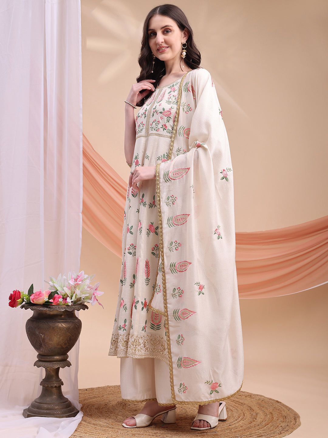 Floral Embroidered Anarkali Kurta with Pant & Embroidered Dupatta
