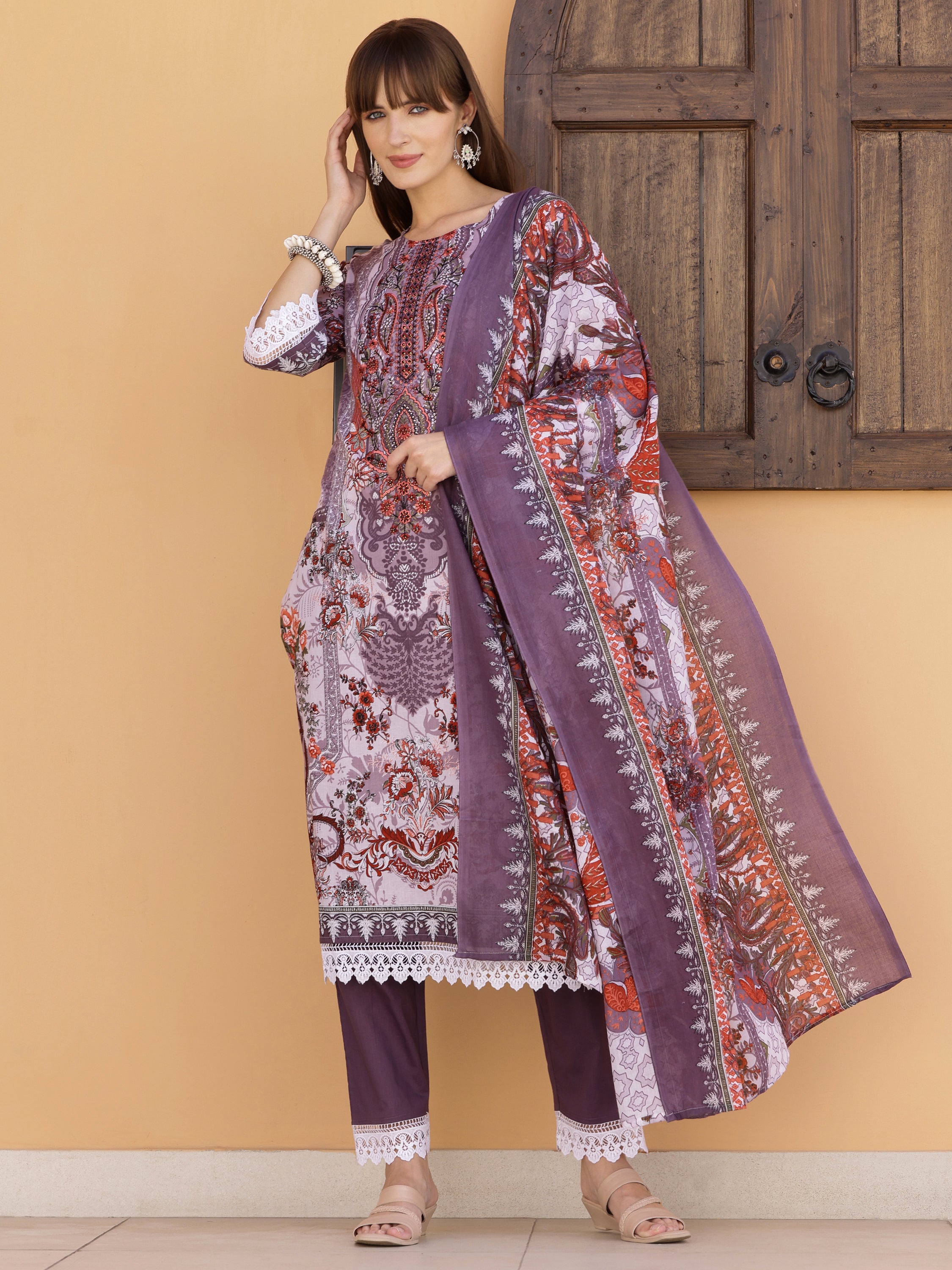 Pakistani Embroidered & Printed Kurta with Pant & Dupatta