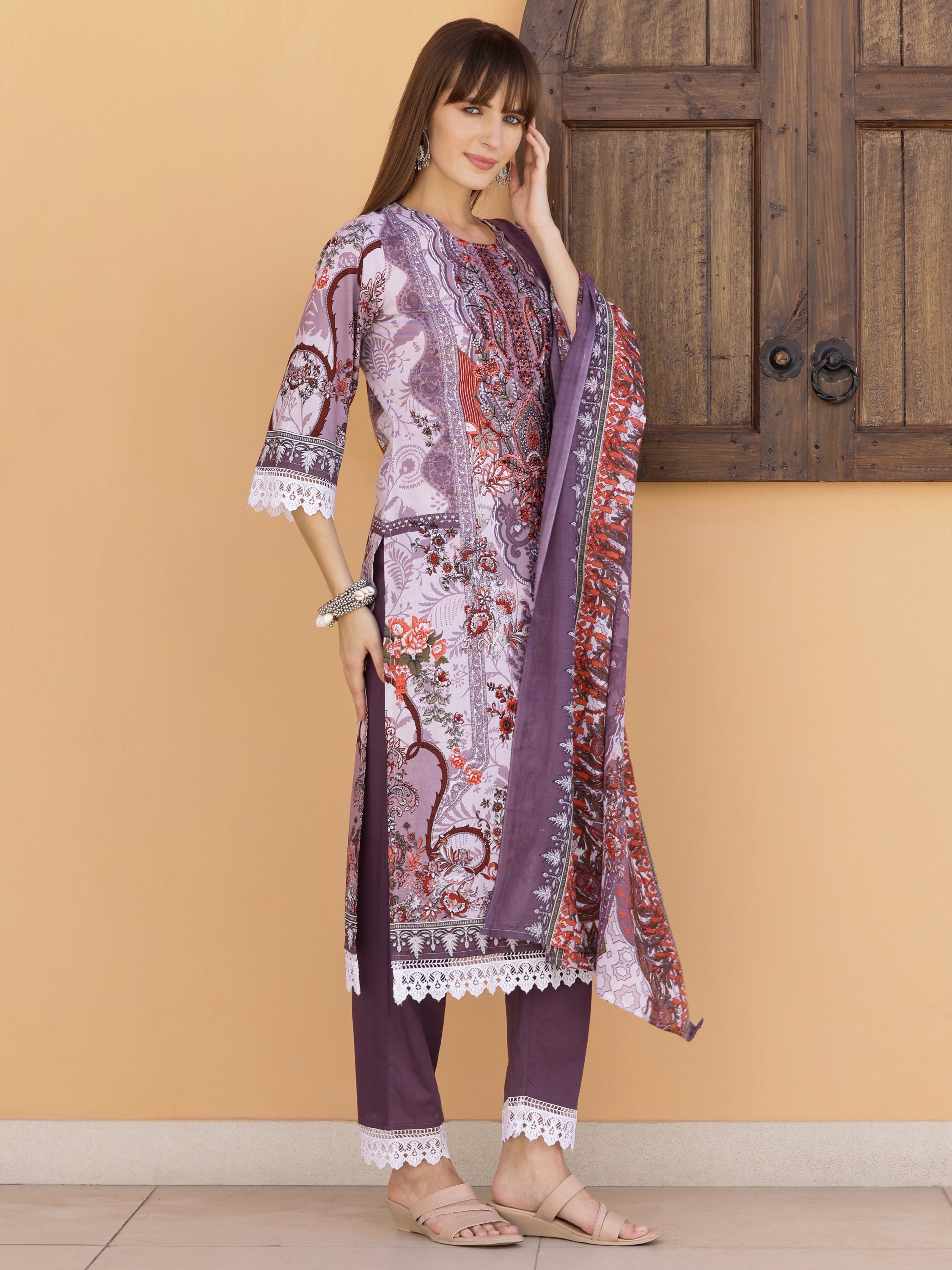 Pakistani Embroidered & Printed Kurta with Pant & Dupatta