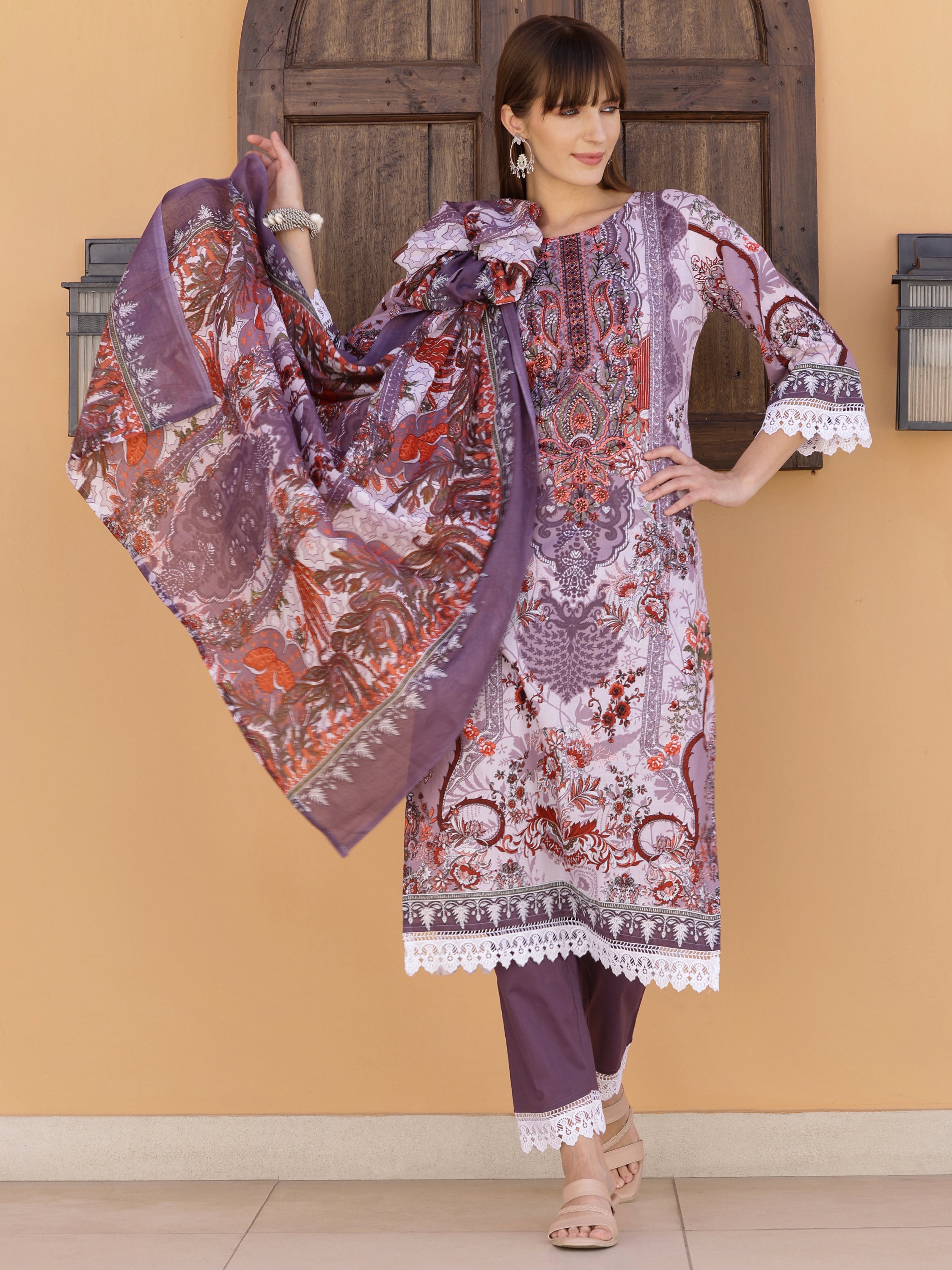 Pakistani Embroidered & Printed Kurta with Pant & Dupatta