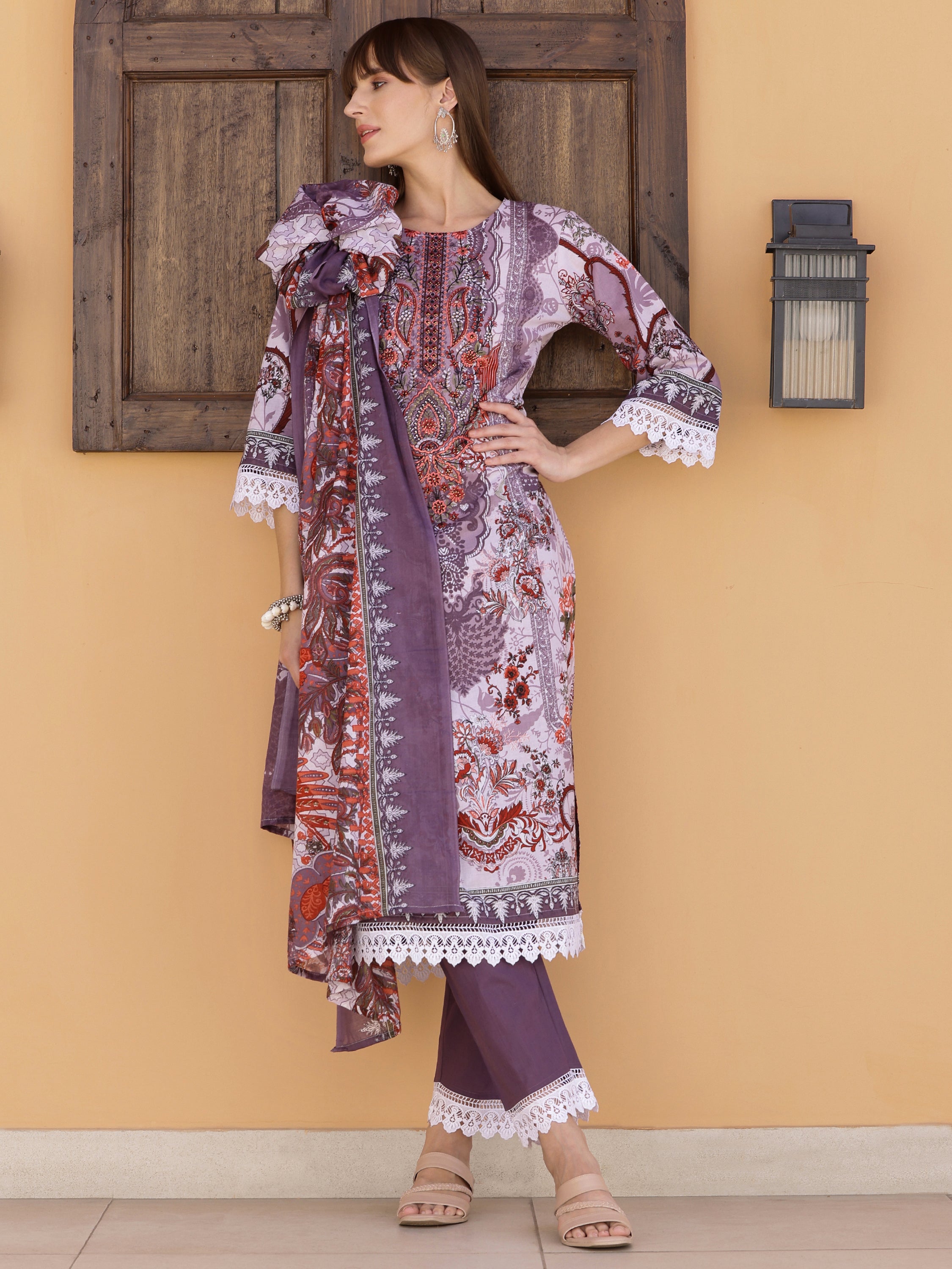 Pakistani Embroidered & Printed Kurta with Pant & Dupatta