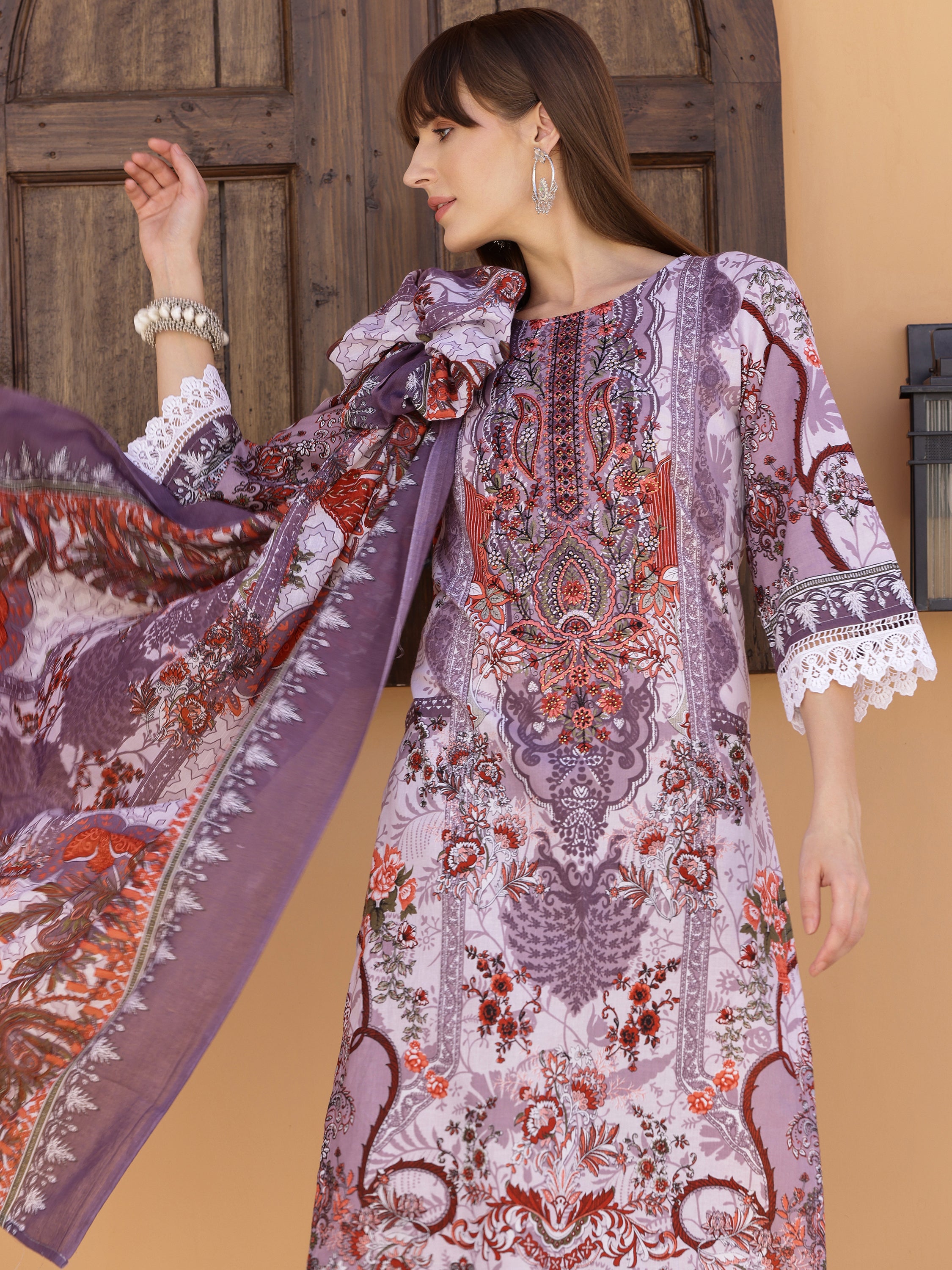 Pakistani Embroidered & Printed Kurta with Pant & Dupatta