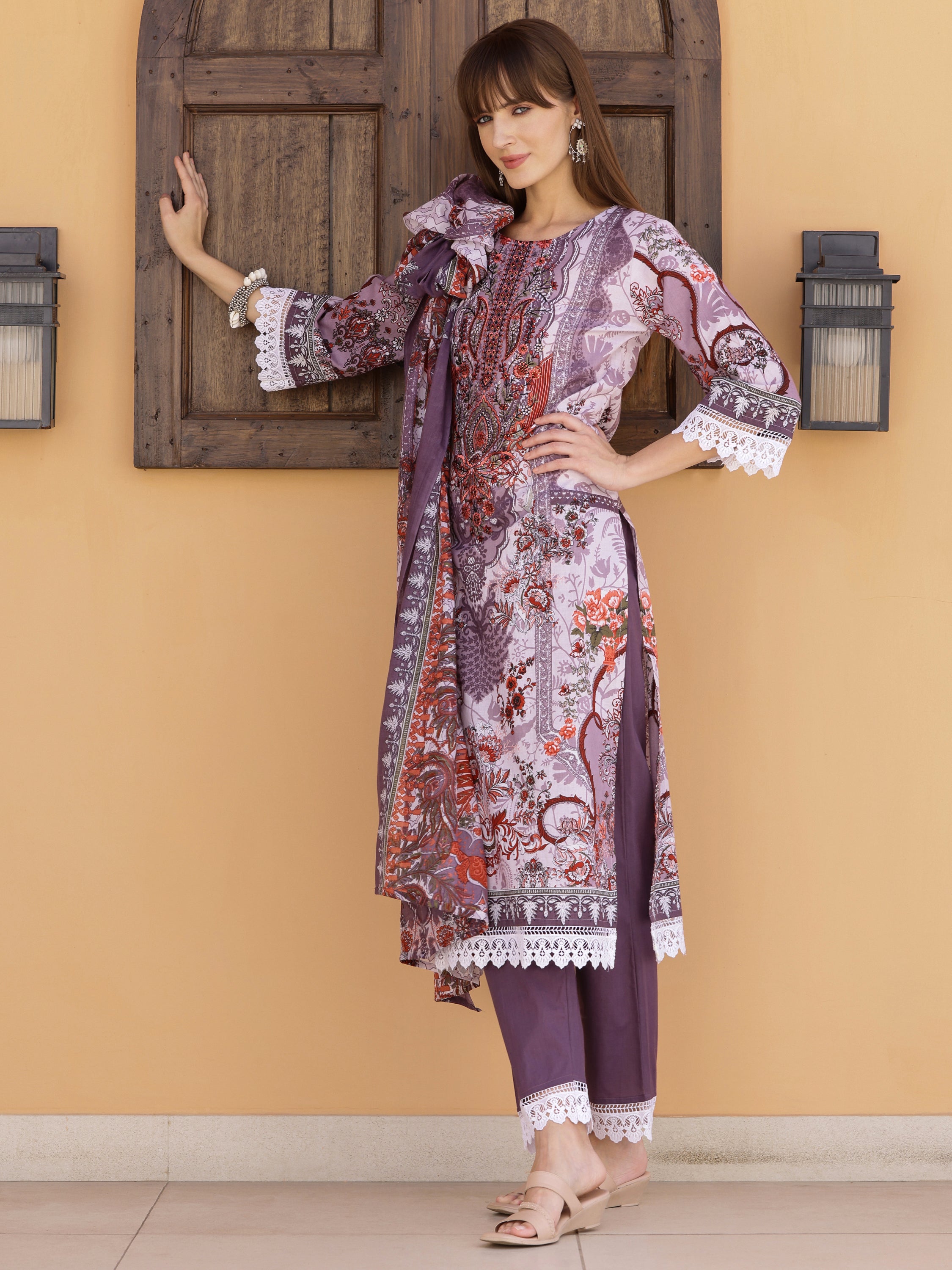 Pakistani Embroidered & Printed Kurta with Pant & Dupatta