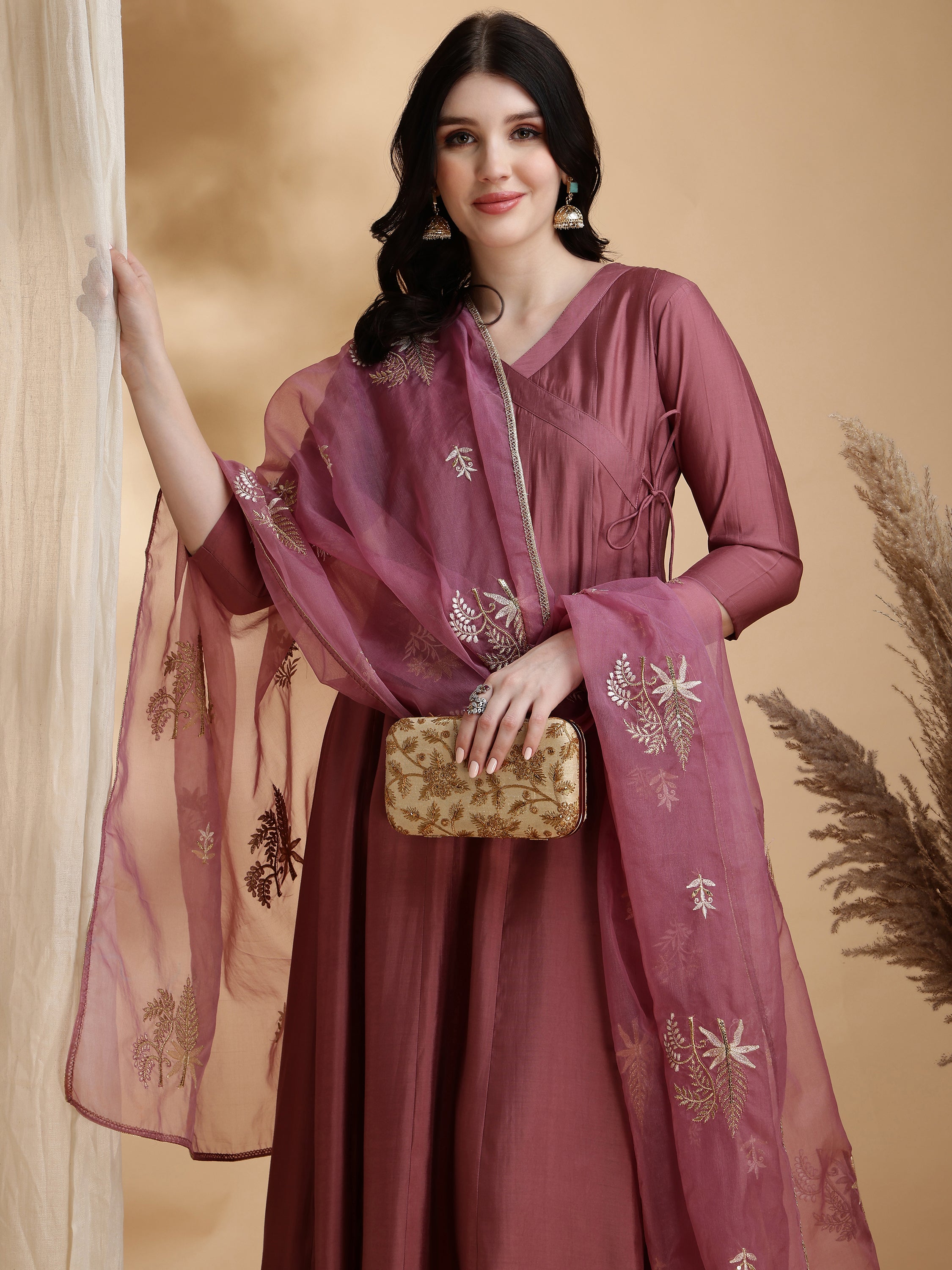 Angarkha Style Kurta with Pant & Embroidered Organza Dupatta
