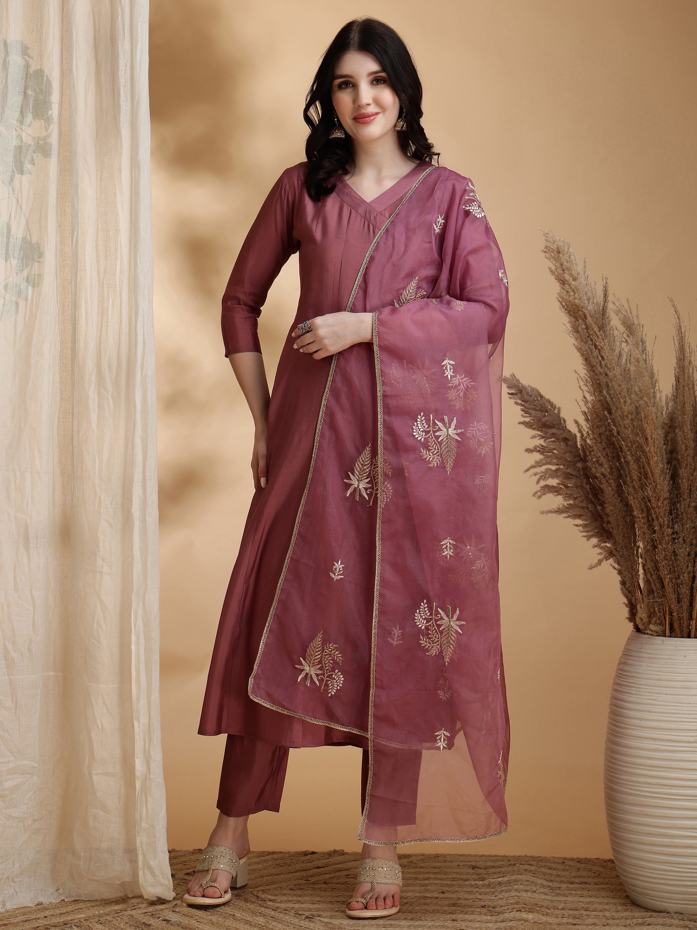 Angarkha Style Kurta with Pant & Embroidered Organza Dupatta