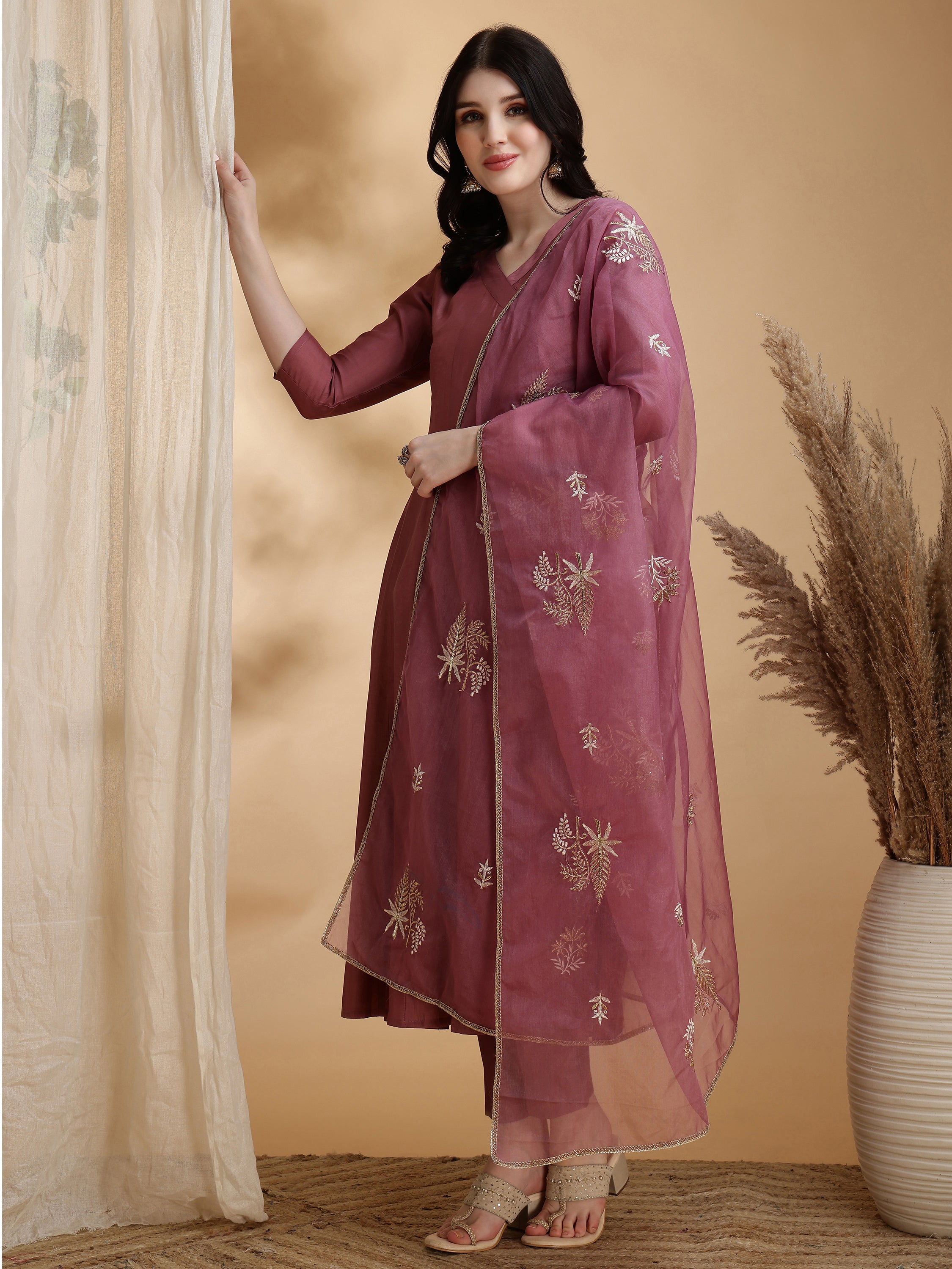 Angarkha Style Kurta with Pant & Embroidered Organza Dupatta