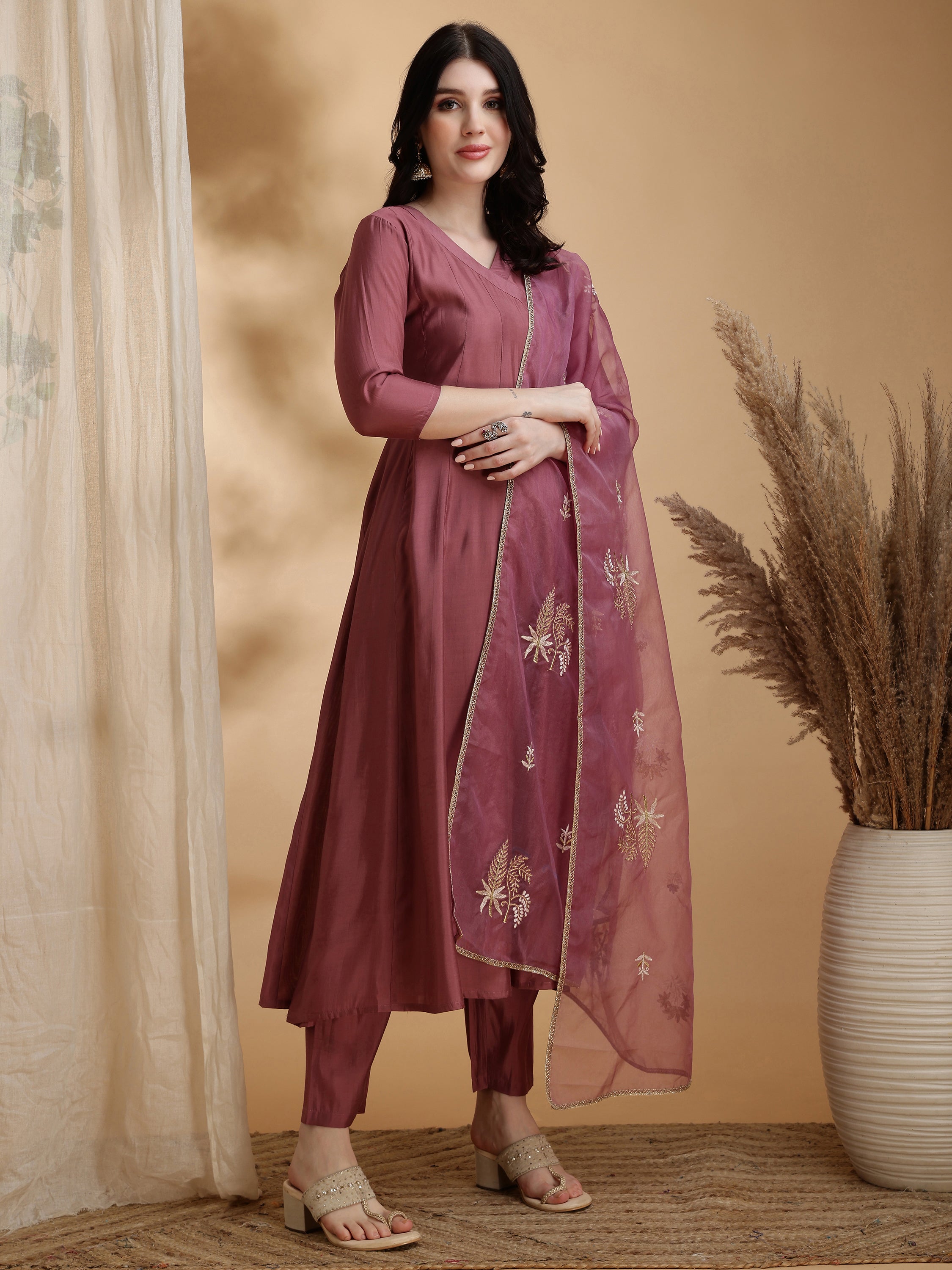 Angarkha Style Kurta with Pant & Embroidered Organza Dupatta