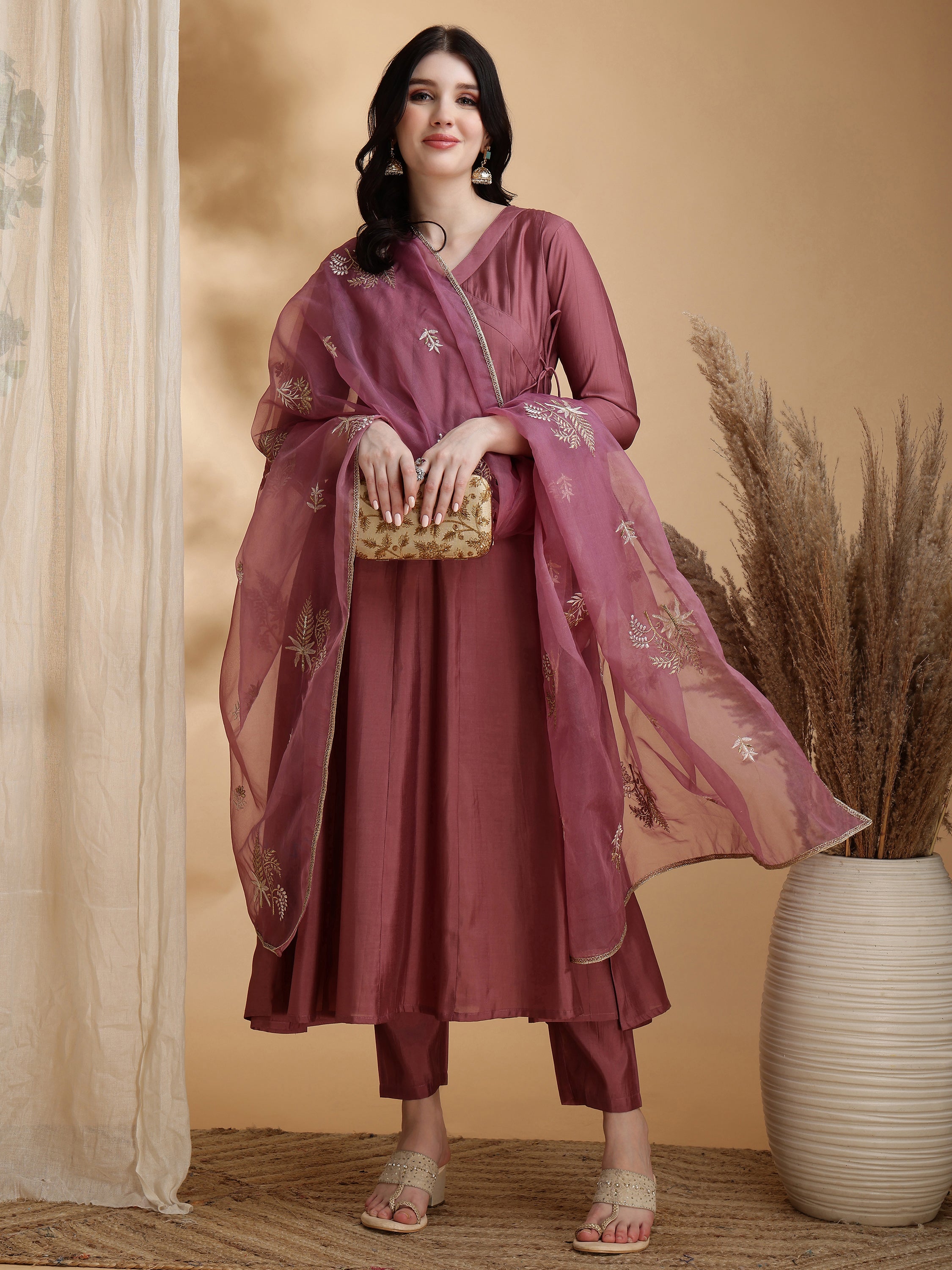 Angarkha Style Kurta with Pant & Embroidered Organza Dupatta