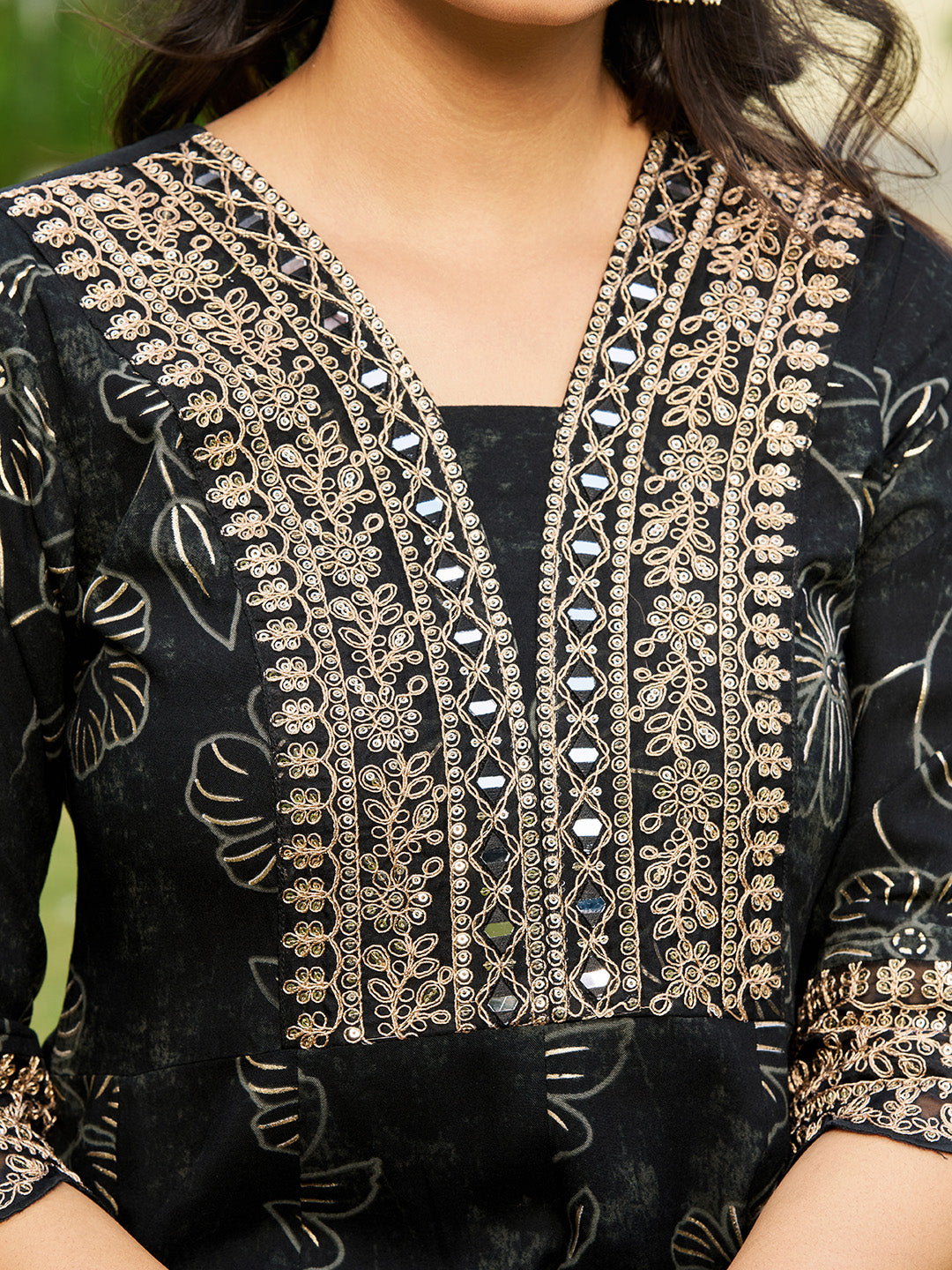 Mirror Embroidered Anarkali Kurta with Matching Pant & Embroidered Chiffon Dupatta