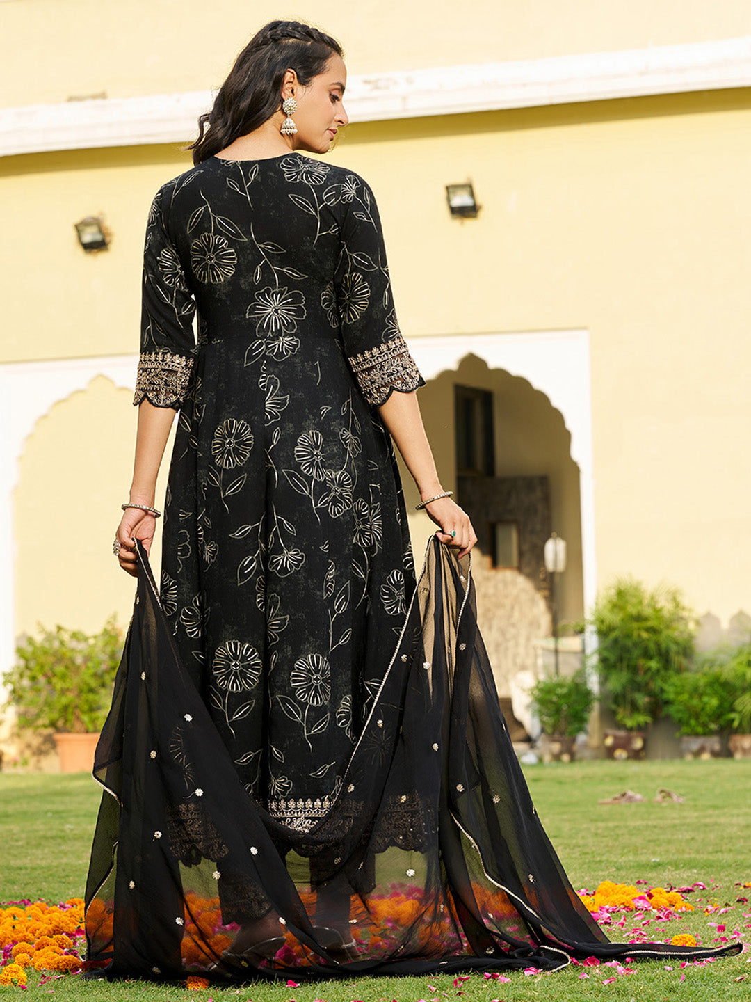 Mirror Embroidered Anarkali Kurta with Matching Pant & Embroidered Chiffon Dupatta
