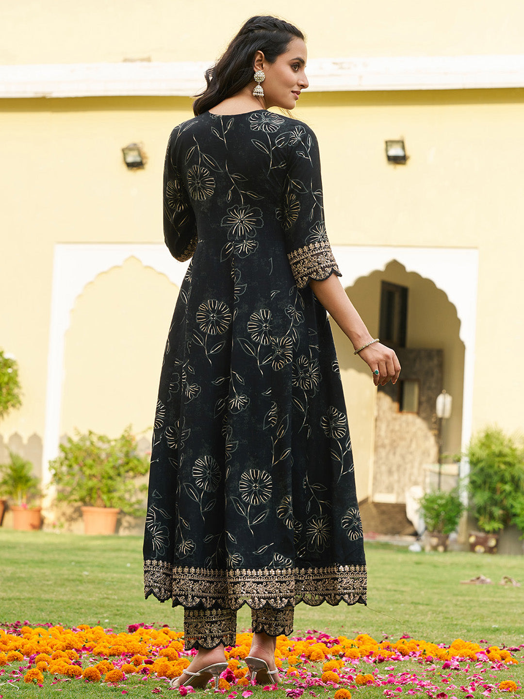 Mirror Embroidered Anarkali Kurta with Matching Pant & Embroidered Chiffon Dupatta