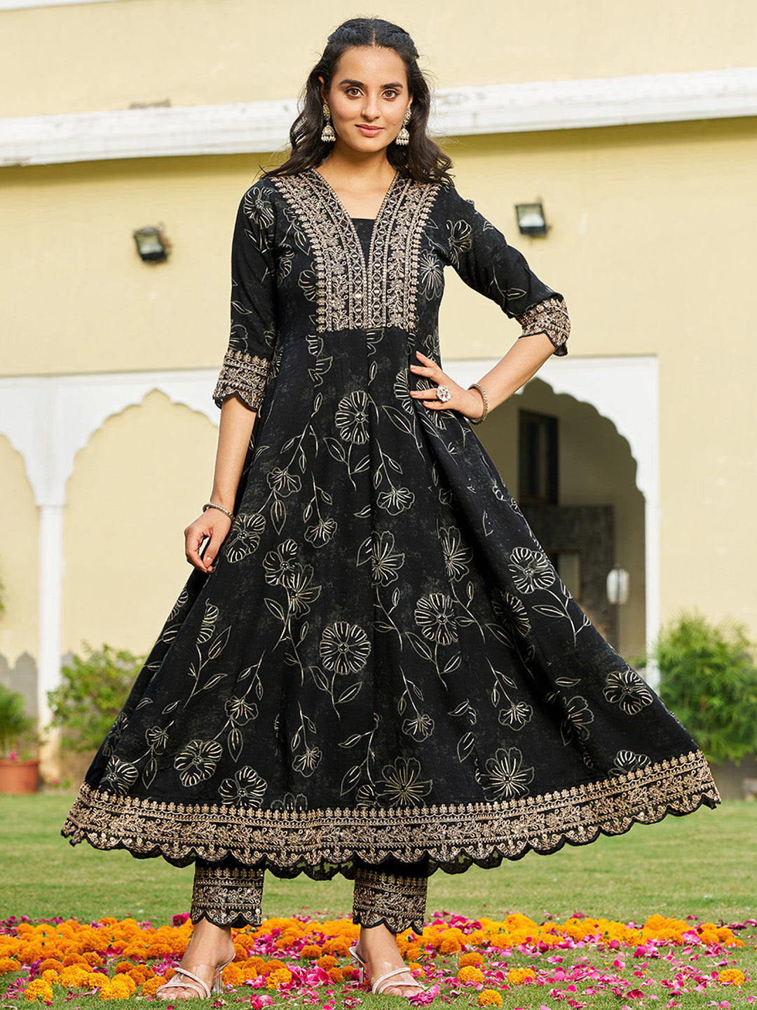 Mirror Embroidered Anarkali Kurta with Matching Pant & Embroidered Chiffon Dupatta