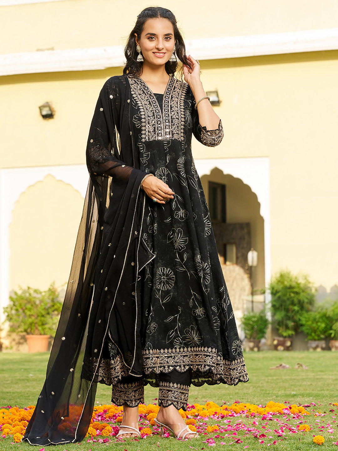 Mirror Embroidered Anarkali Kurta with Matching Pant & Embroidered Chiffon Dupatta