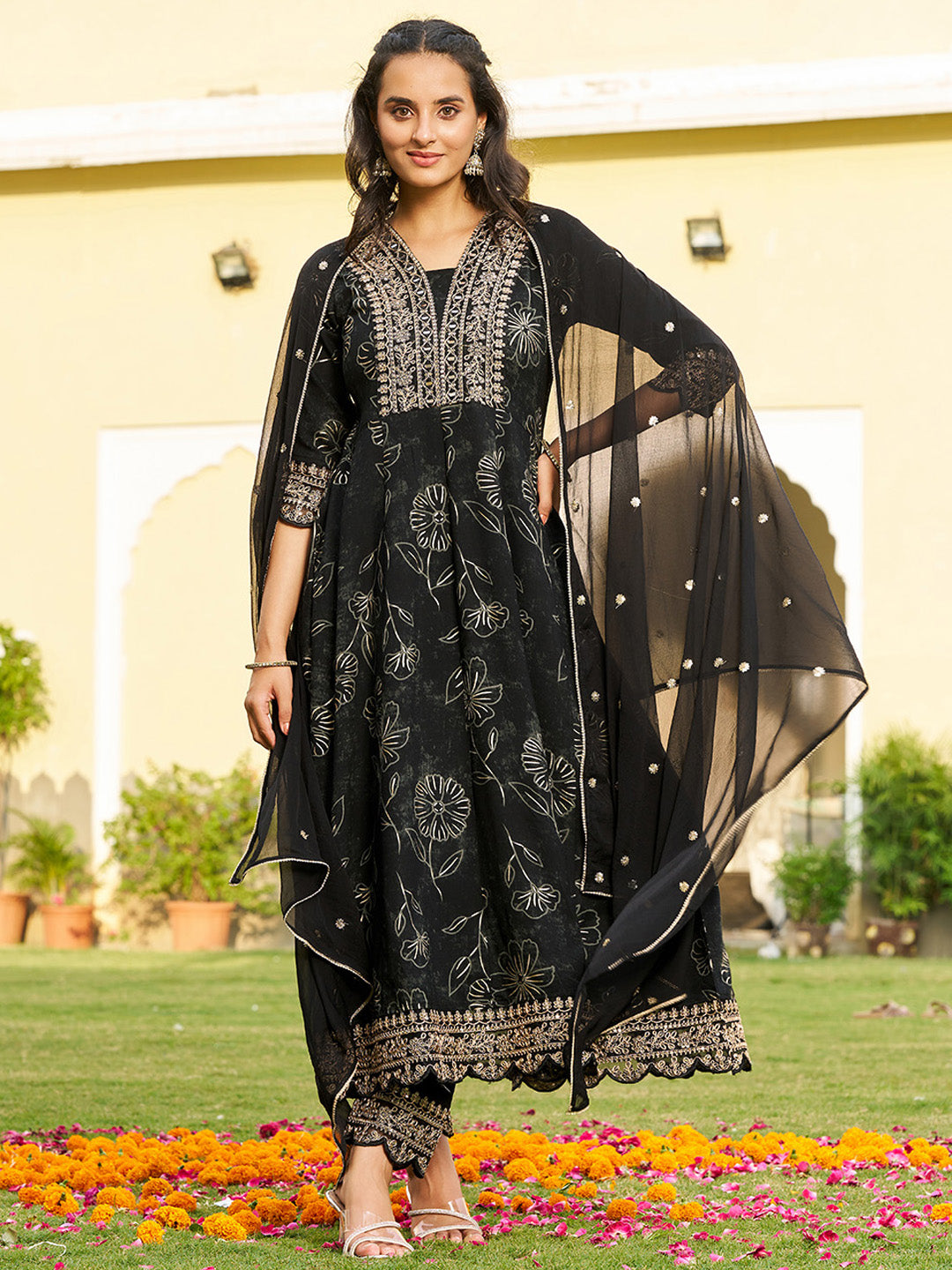 Mirror Embroidered Anarkali Kurta with Matching Pant & Embroidered Chiffon Dupatta