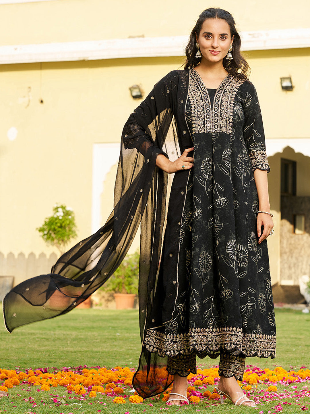Mirror Embroidered Anarkali Kurta with Matching Pant & Embroidered Chiffon Dupatta